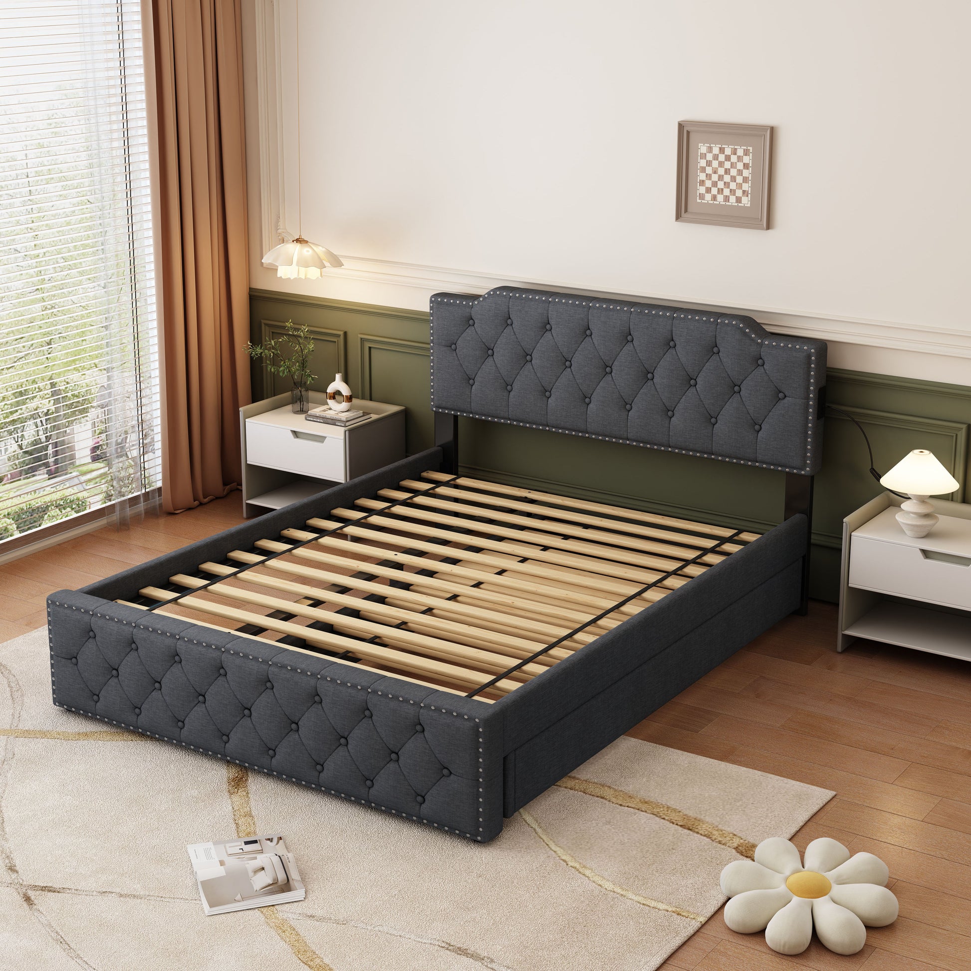 Queen Size Upholstered Platform Bed With Twin Size Trundle And Usb Portsdecorate With Copper Nails,Linen Fabric, Dark Grey Queen Dark Gray Composite Linen Fabric