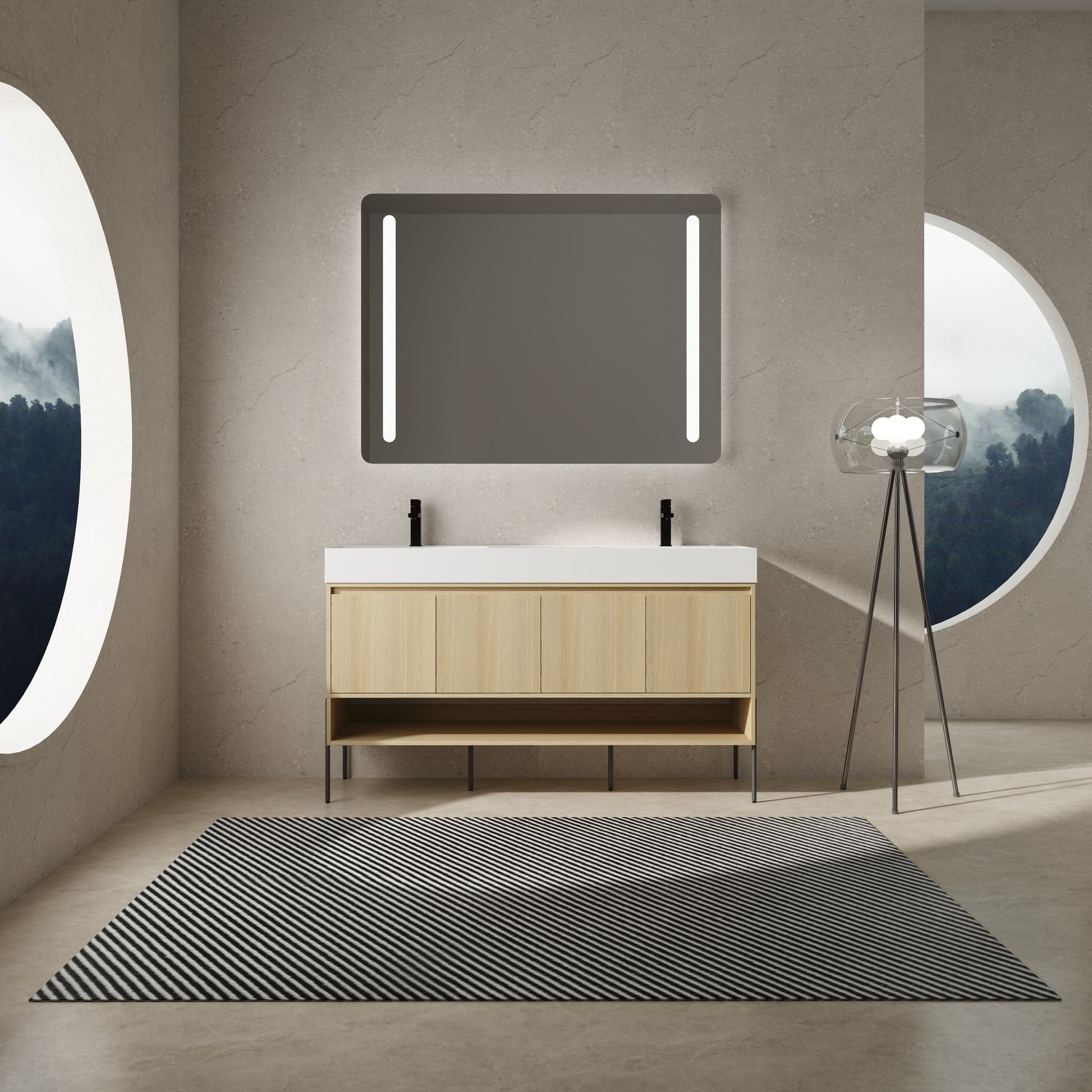 60" Bathroom Vanity Combo W Single Ceramic Sink, Modern Storage Cabinet Set 2 Door, Multilayer Solid Wood, Oak Oak Bathroom American Design Engineered Wood