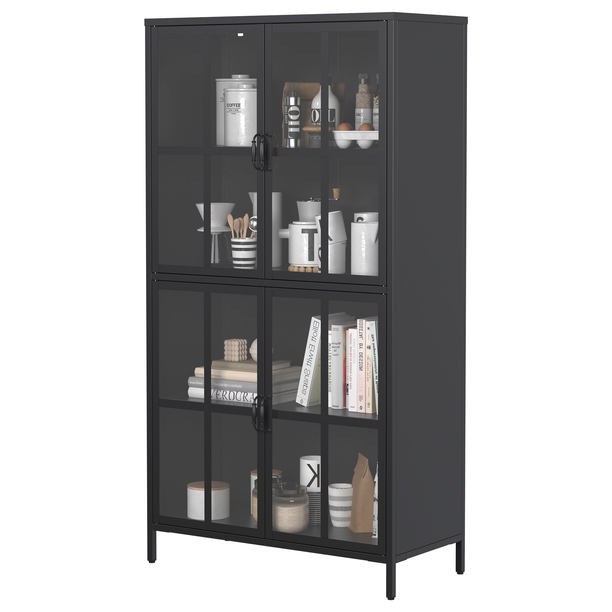 Premium Black Metal Storage Cabinet With Tempered Glass Doors, Adjustable Shelves, Anti Tipping Device, Magnetic Silent Closure, And Adjustable Feet For Home And Office Use Accent Chests 3 4 Spaces Antique Black Primary Living Space Glass Doors Modern