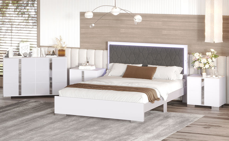 4 Pieces Bedroom Sets Queen Size Upholstered Bed With Led Lights, Mirrored Nightstands And Dresser With Metal Handles And Legs,White Queen White 4 Piece Set Solid Wood Mdf