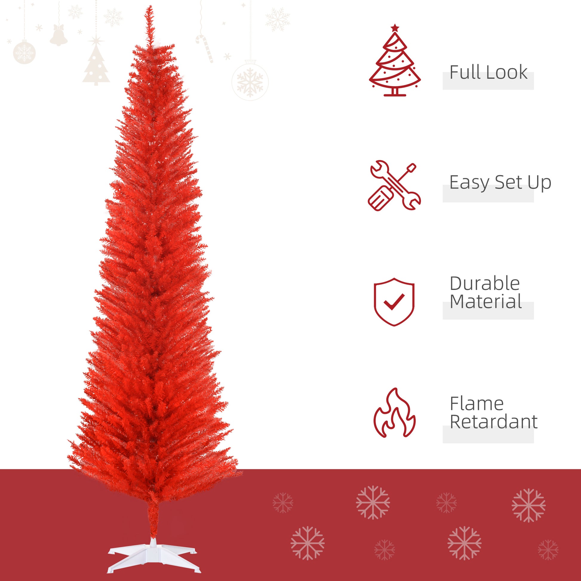 Homcom 7' Artificial Pencil Christmas Tree, Slim Xmas Tree With 499 Realistic Branch Tips And Plastic Stand, Red Red Plastic