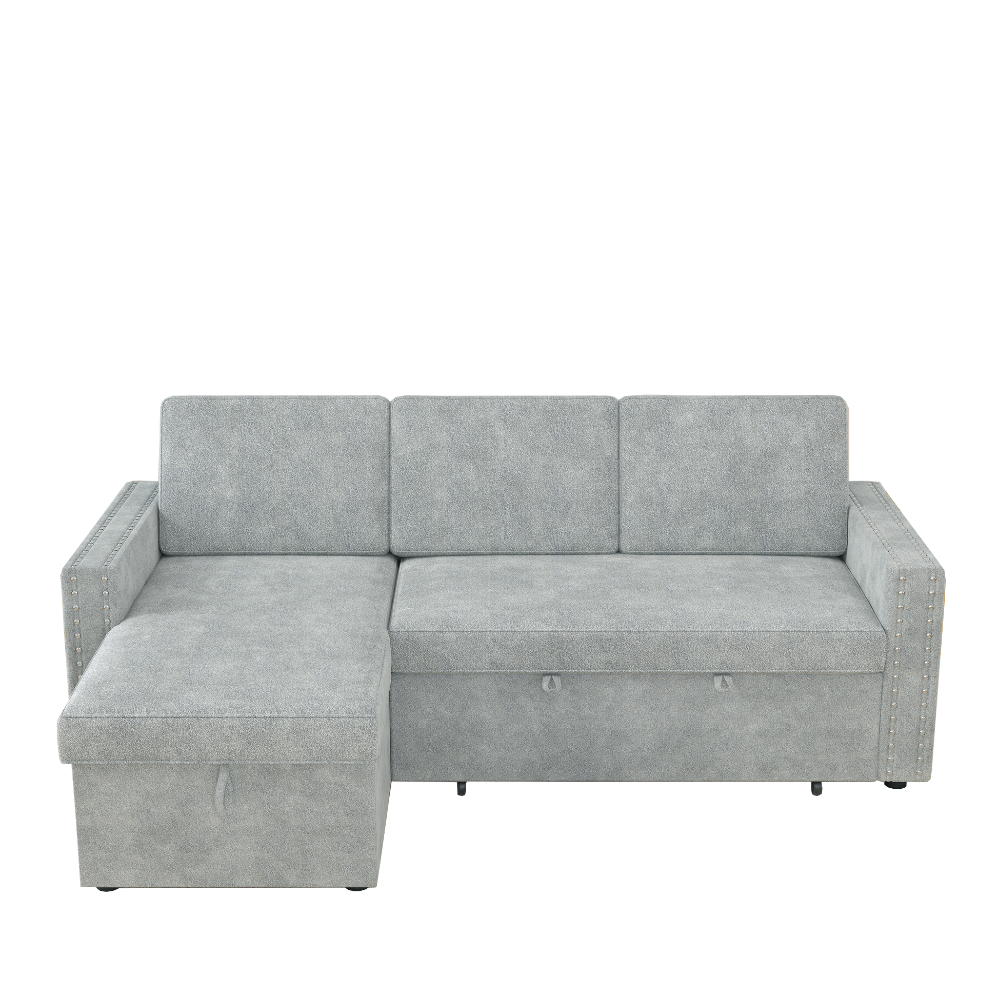 85 Inches Sofa Bed, 3 Seater Sleeper Sofa With Storage Chaise, Square Handrail With Pull And Copper Nail,Chenille Light Grey, Pull Out Couch For Living Room Light Grey Chenille 3 Seat
