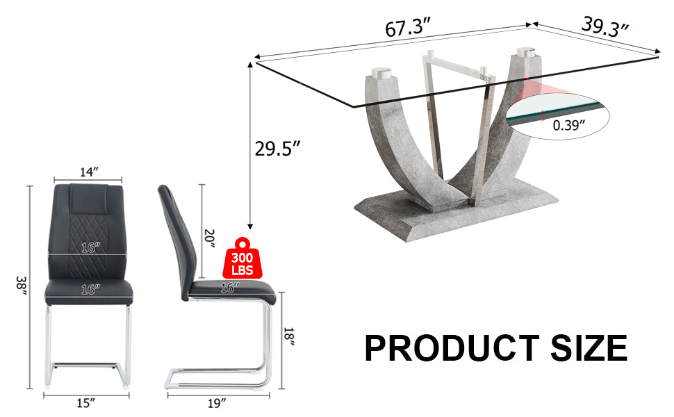 1 Table And 6 Chairs Set.Large Rectangular Table, Equipped With 0.39 Inch Tempered Glass Table Top And Mdf Table Legs.Paired With 6 Chairs With Faux Leather Padded Seats And Metal Legs.F 907,C 001 Transparent Mdf Glass