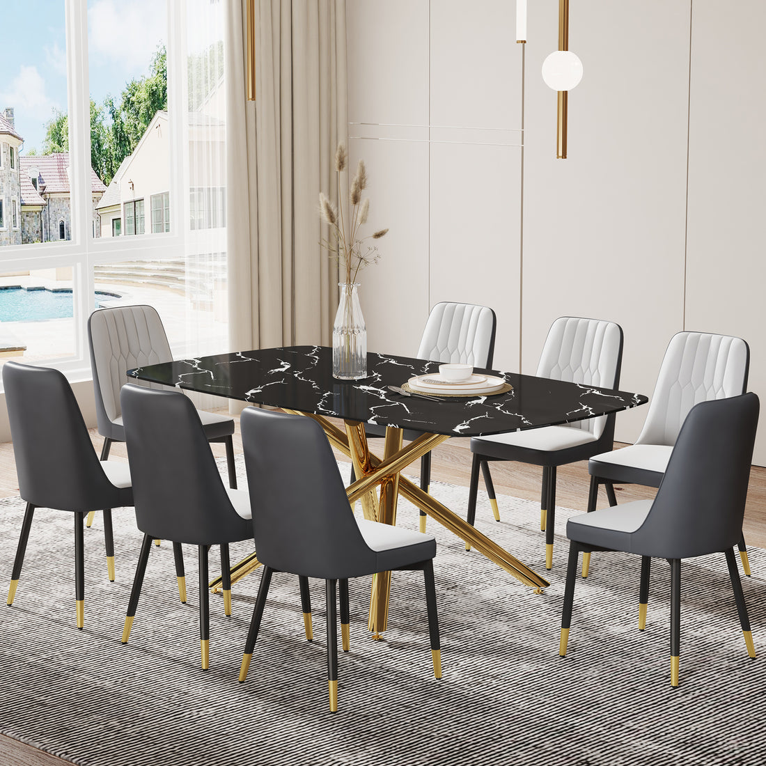 Large Modern Minimalist Rectangular Dining Table With 0.39 "Imitation Marble Black Tabletop And Golden Metal Legs, Paired With Chairs With Pu Cushions And Black Metal Legs. F 1537 C 007 Black Gold Glass Metal