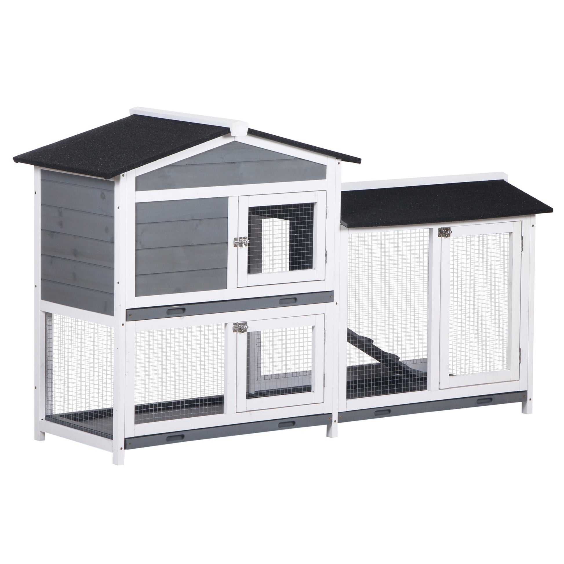 Pawhut 62" Rabbit Hutch, Wooden Bunny Hutch, Guinea Pig Cage, Small Animal Enclosure With Run Area, Removable Tray, Asphalt Roof, Lockable Doors And Ramp, Gray Grey Wood