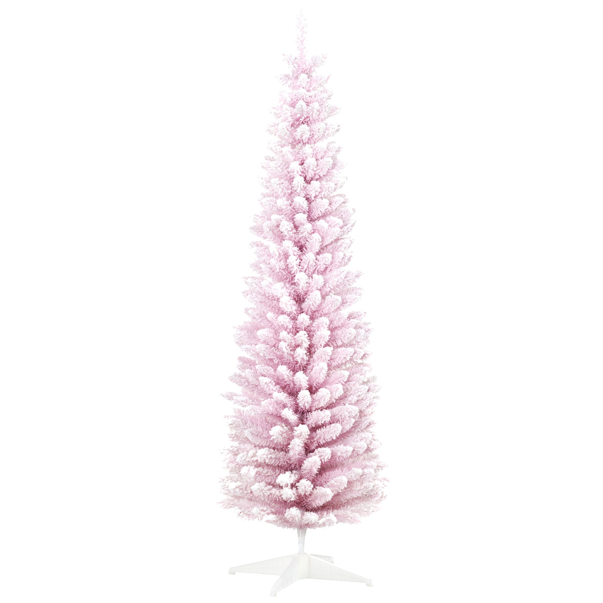 Homcom 6' Snow Flocked Artificial Pencil Christmas Tree, Slim Xmas Tree With Realistic Branches And Plastic Base Stand For Indoor Decoration, Pink Pink Plastic