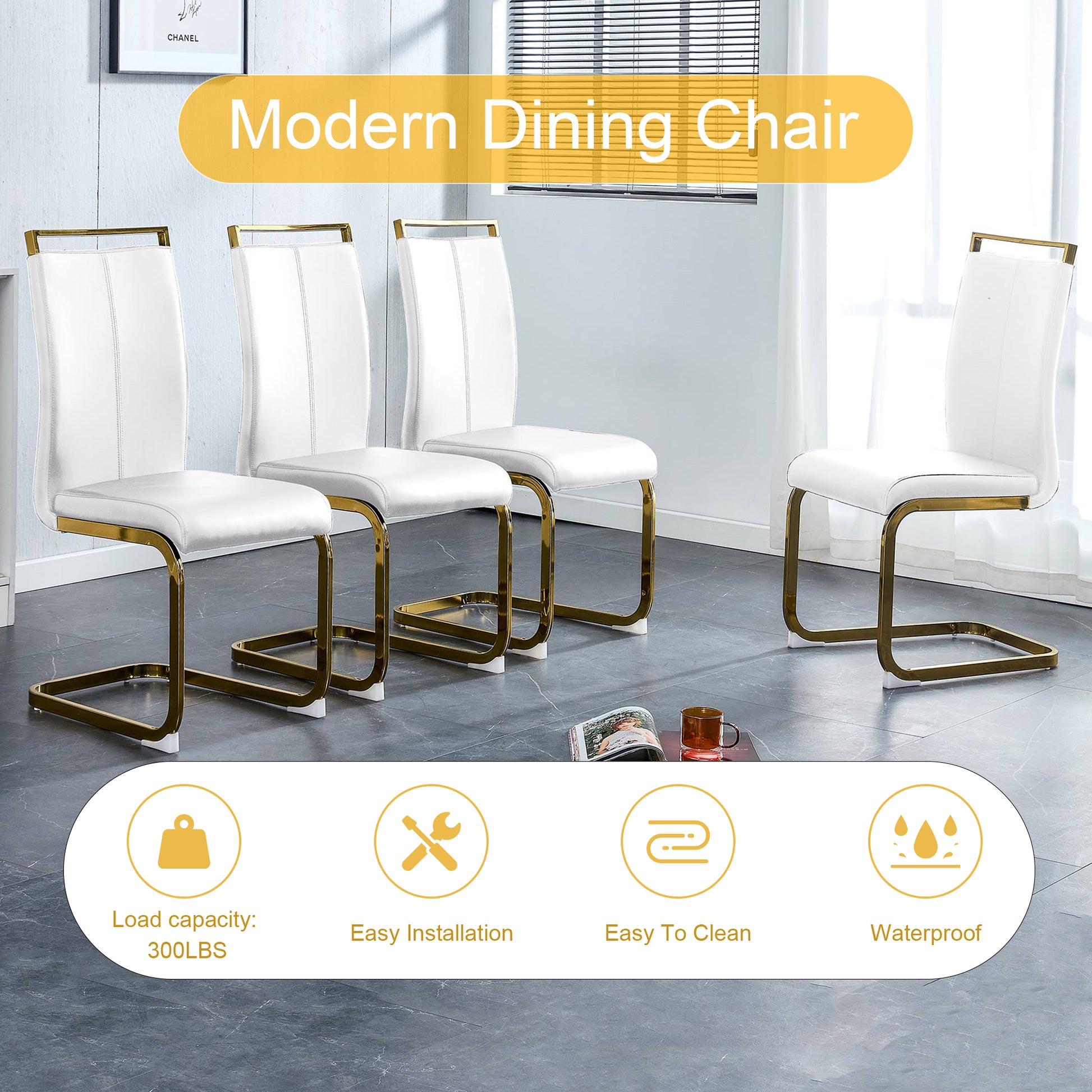 Table And Chair Set.67"X36" White Marble Pattern Mdf Dining Table Set With 8 White Pu Chairs.Mdf Sticker,White Marble Pattern Sticker,Gold C Tube Chair Legs,Suitable For Kitchen,Dining Room,Etc.