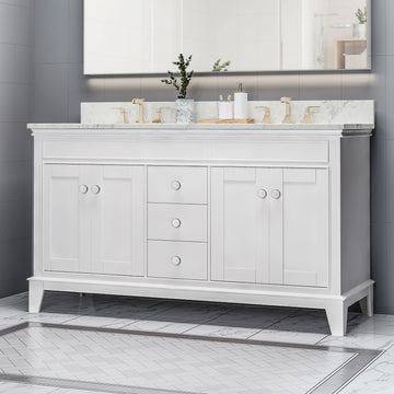 61'' Bathroom Vanity With Marble Top & Double Ceramic Sinks, 3 Drawers, 4 Doors, White White Plywood