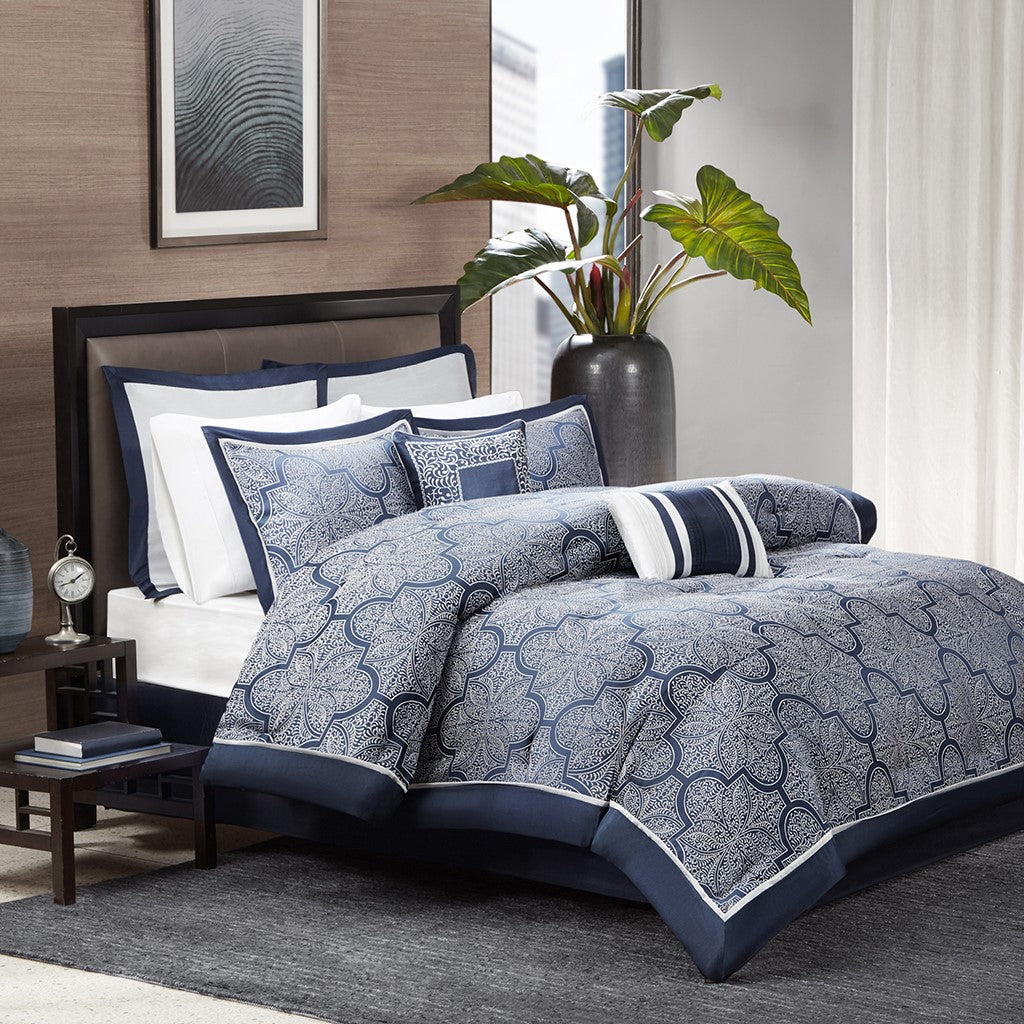 8 Piece Jacquard Comforter Set Navy Queen Queen Navy Polyester