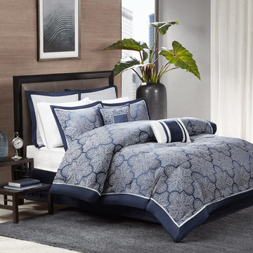 8 Piece Jacquard Comforter Set Navy Queen Queen Navy Polyester