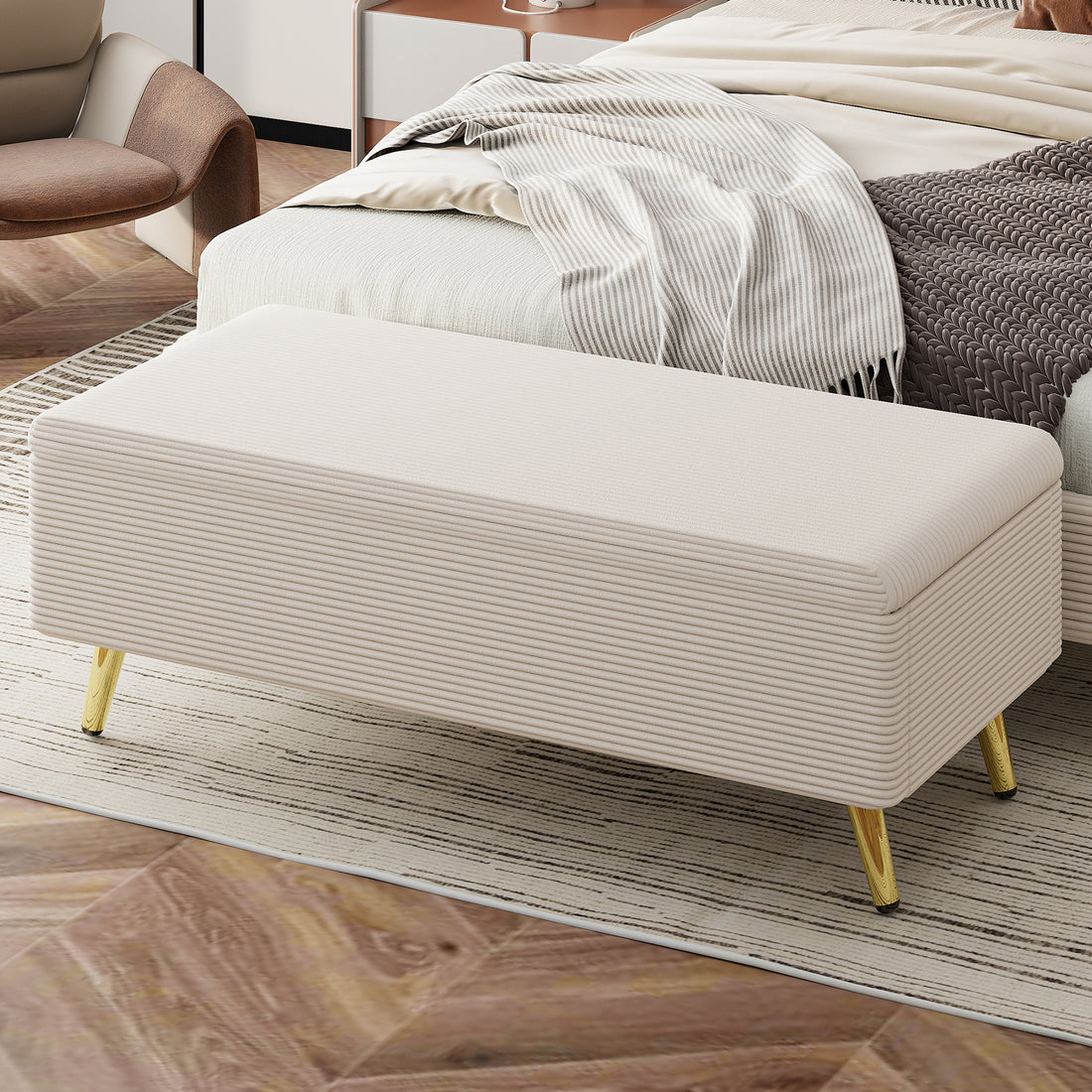 Modern Corduroy Upholstered Ottoman With Metal Legs, Storage Bench For Bedroom,Living Room,Beige Beige Polyester Solid Wood Mdf