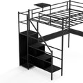 Full Size Metal Loft Bed With L Shaped Desk, Led Lights, Charging Cradle, Led Loft Bed Frame, Full Size Bed With One Cabinet Wardrobe And 2 Fabric Drawers, Safety Rails And Ladder, Black Black