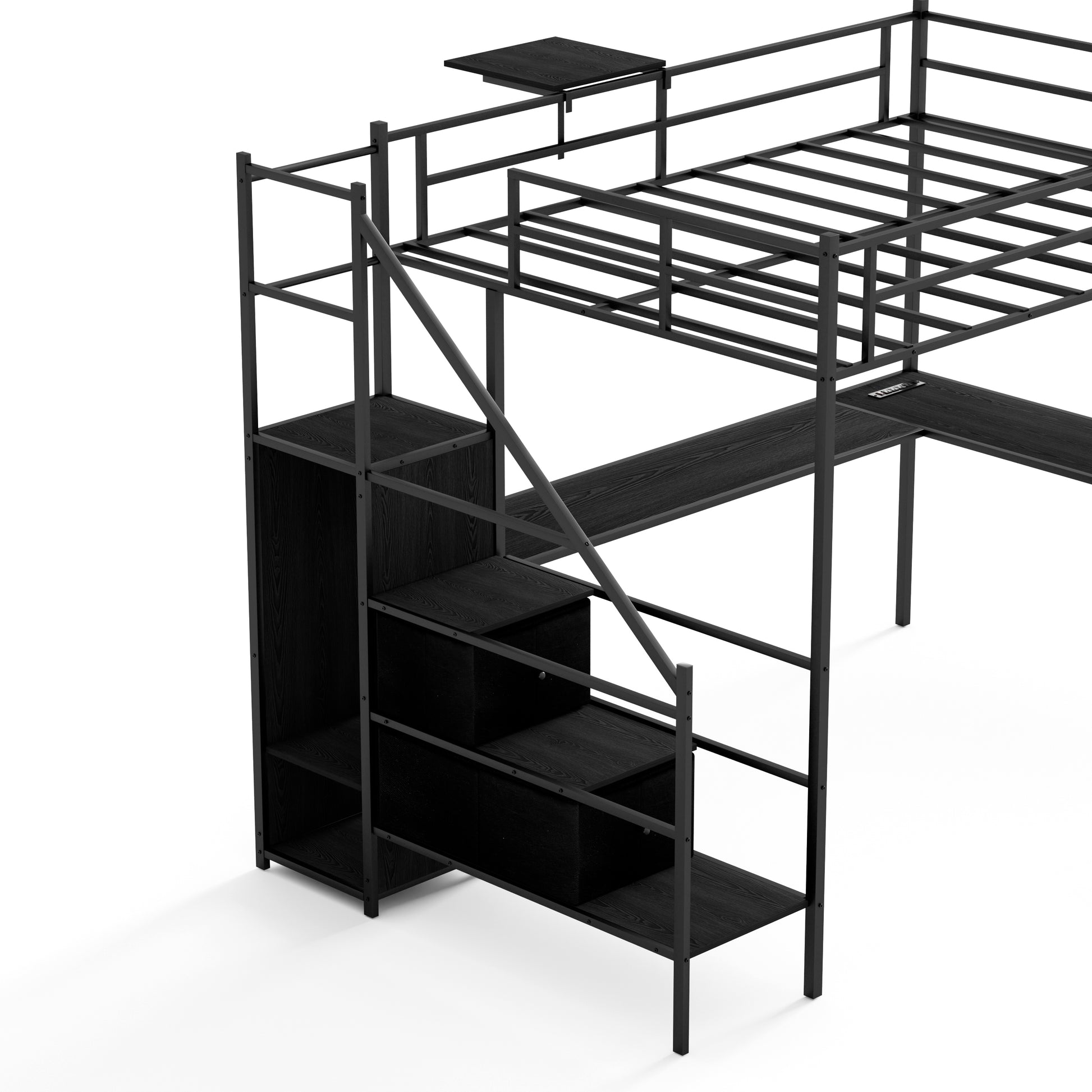 Full Size Metal Loft Bed With L Shaped Desk, Led Lights, Charging Cradle, Led Loft Bed Frame, Full Size Bed With One Cabinet Wardrobe And 2 Fabric Drawers, Safety Rails And Ladder, Black Black