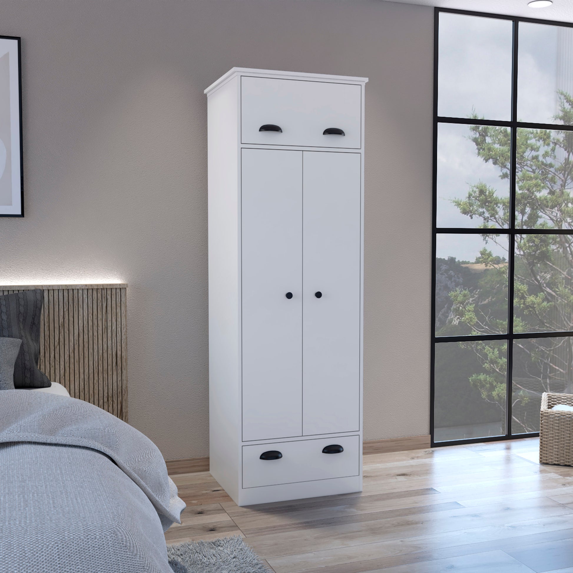 Falkland Armoire With 1 Drawer And 1 Hinged Drawer With Handles White White Bedroom Modern Particle Board