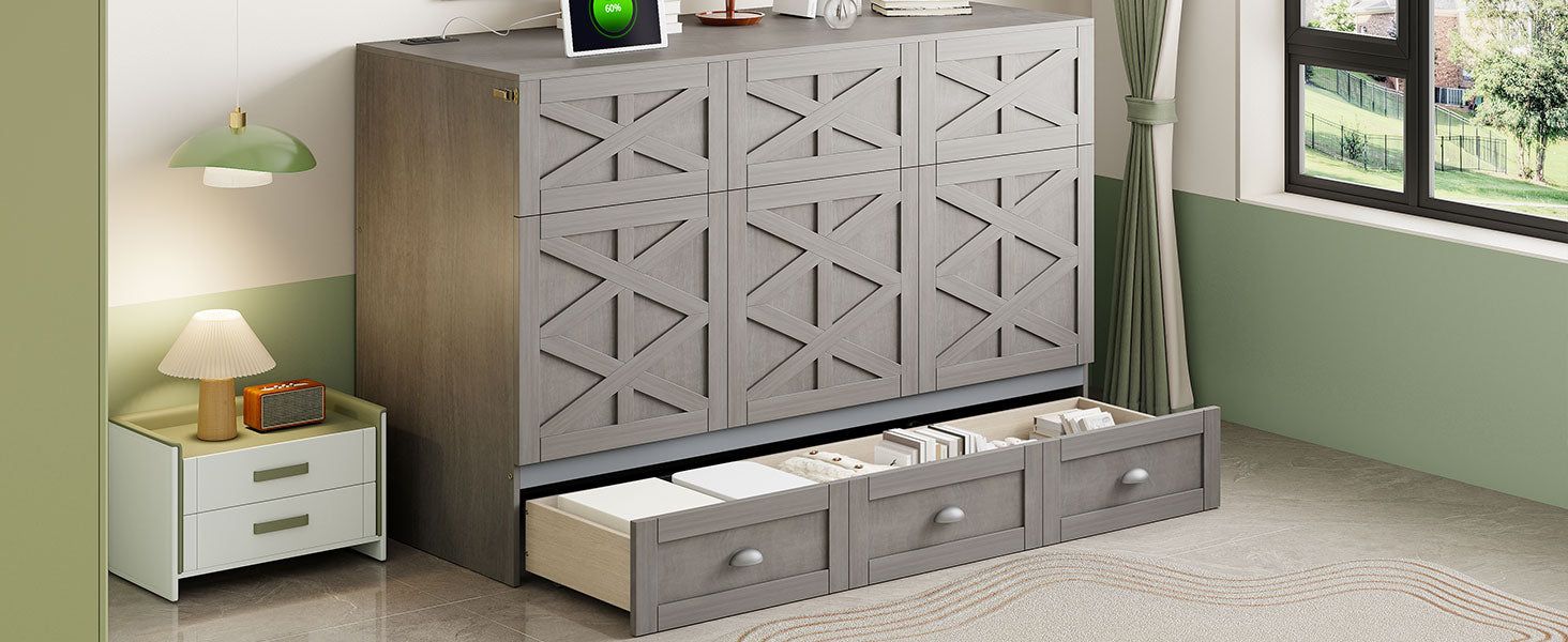 Full Size Murphy Bed With Large Drawers,Brushed Gray Full Gray Plywood