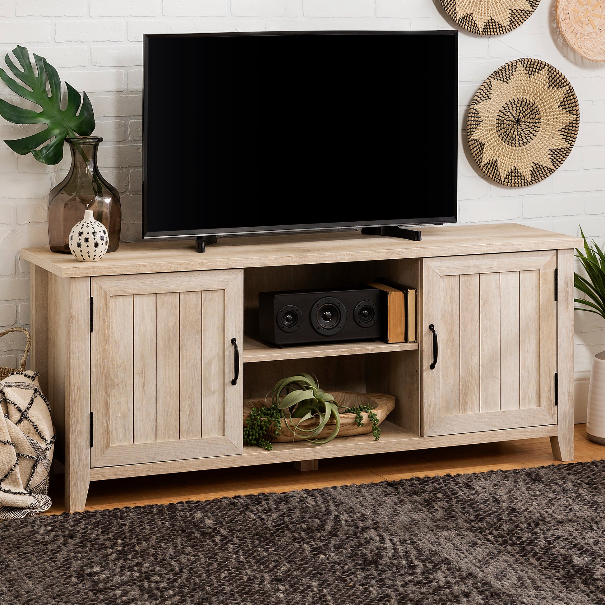 Classic Grooved Door Tv Stand For Tvs Up To 65" White Oak Brown Mdf