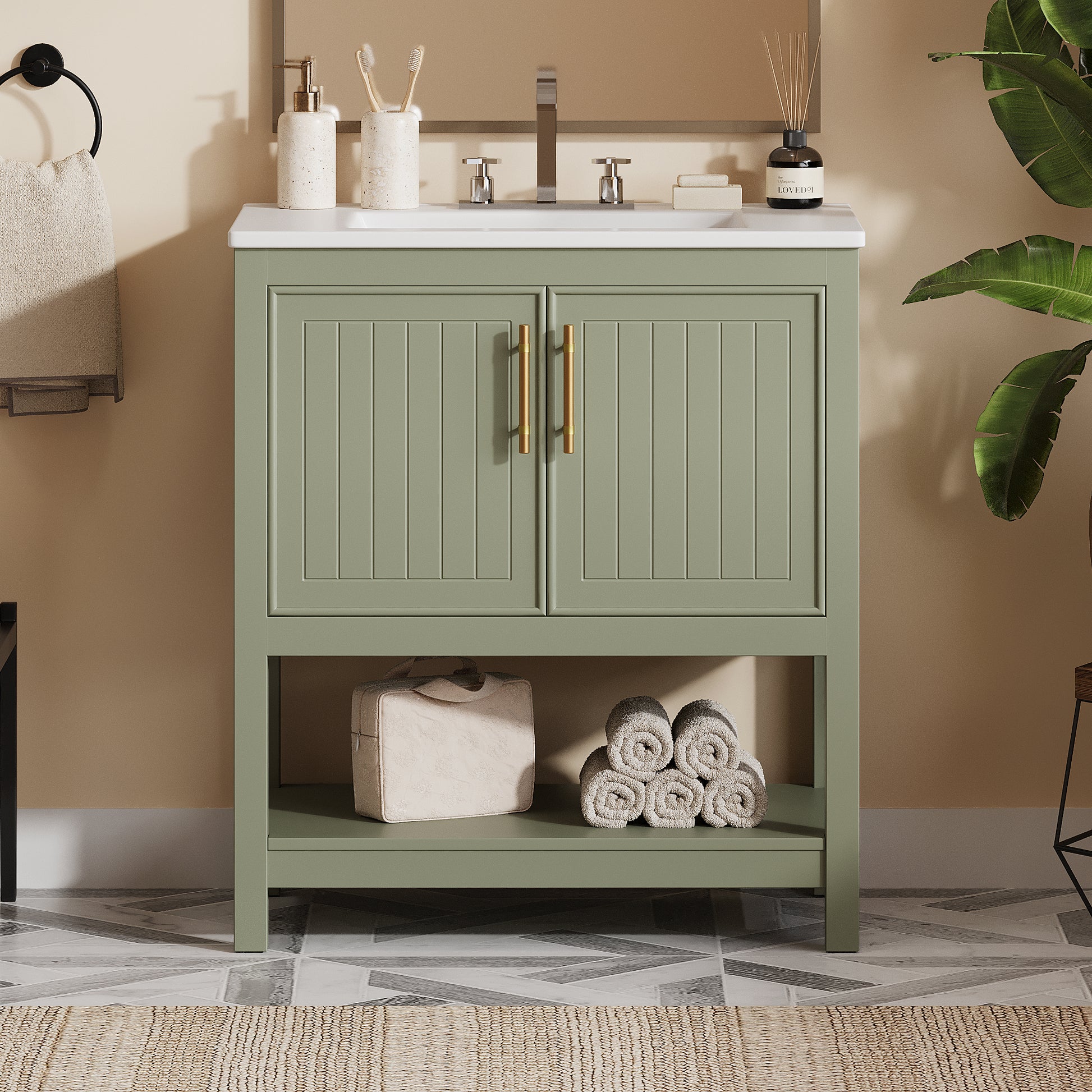 30 Inch Green Bathroom Vanity With Ceramic Sink And Versatile Storage Ideal For Small Bathrooms Green Bathroom Solid Wood Mdf