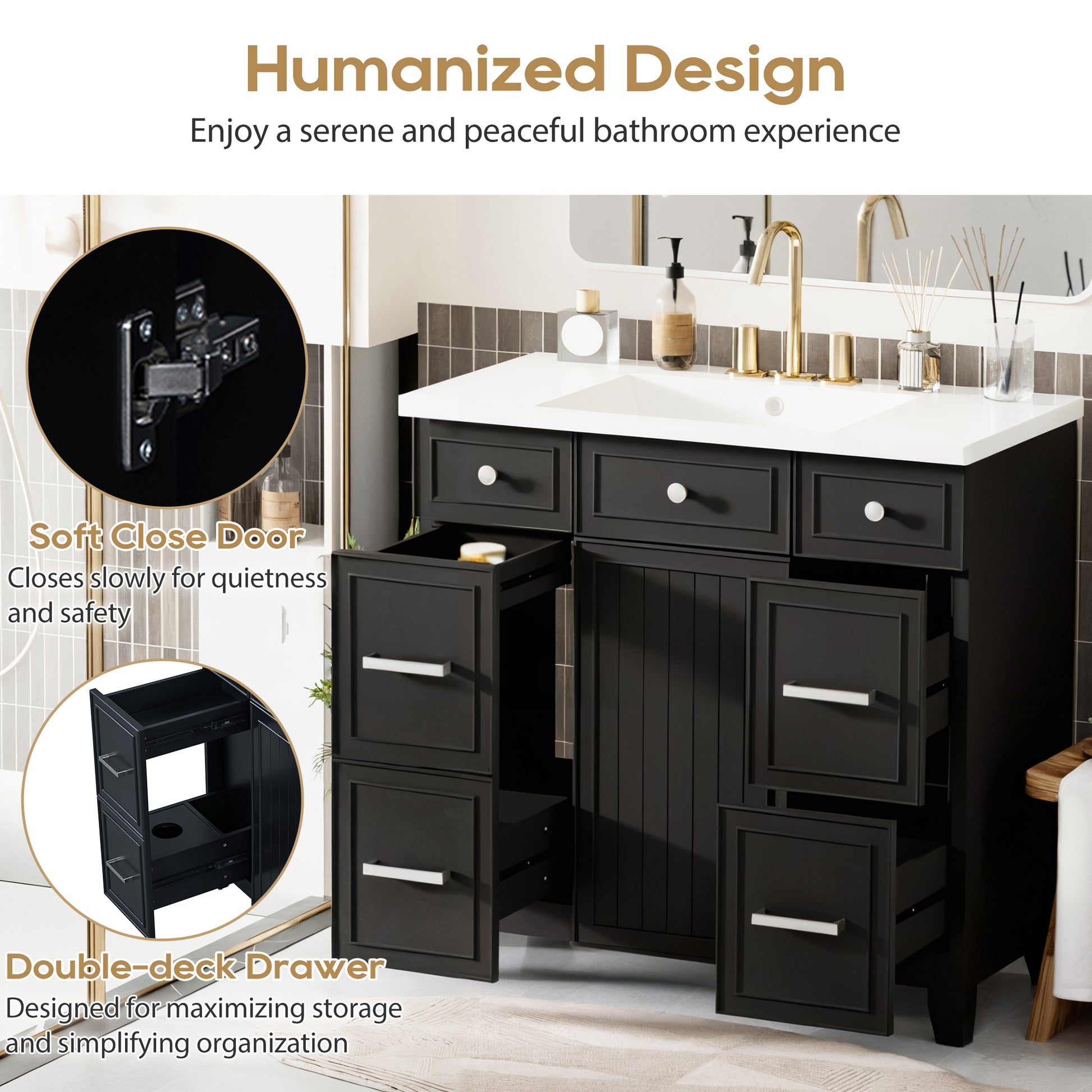 36" Bathroom Vanity Cabinet With Sink Top Combo Setblack ,Single Sink,Shaker Cabinet With Soft Closing Door And 3 Drawers Black Bathroom Solid Wood Mdf Resin