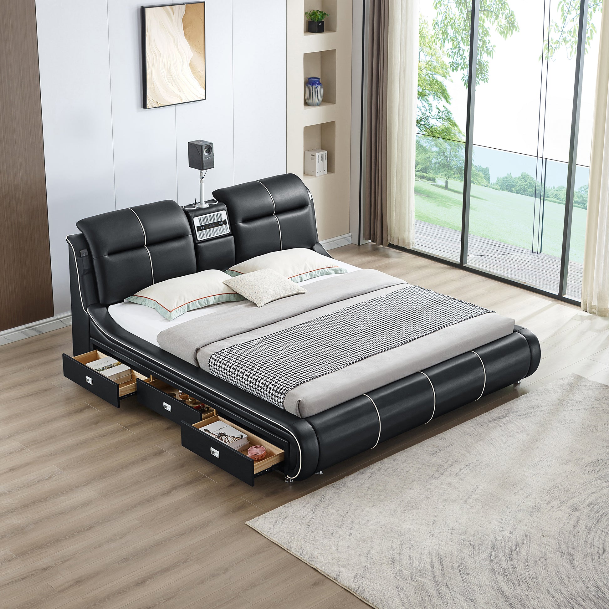 Multifunctional Upholstered Storage Bed Frame, Massage Chaise Lounge On Left, King Size,Black King Black Leather