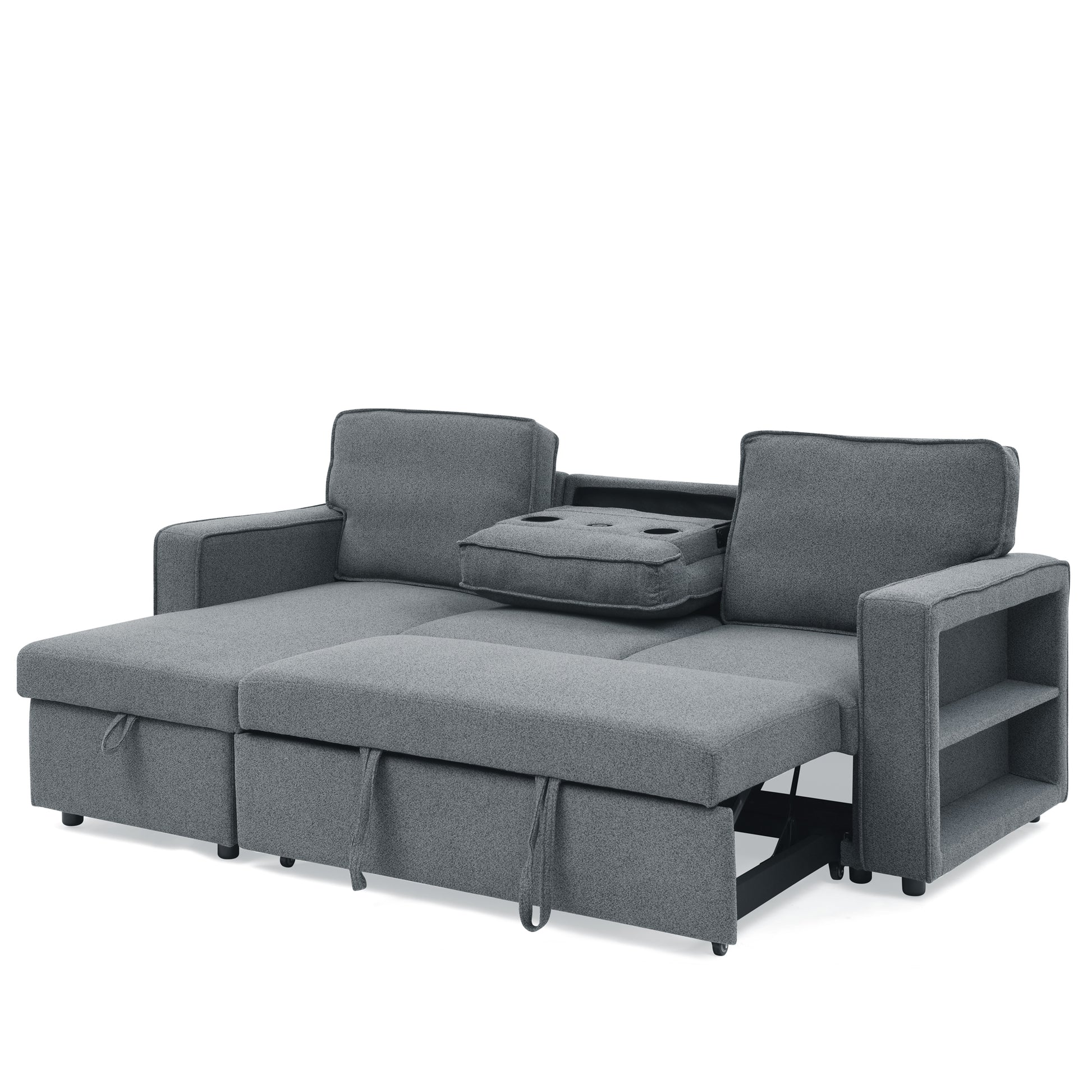 Linen Upholstered Sleeper Sectional Sofa, Shaped Modular Convertible Sofa With Storage Chaise,There Are Two Cup Holders In The Middle And Usb Multi Interface Function,Pull Out Sleep Couch Bed ,Grey