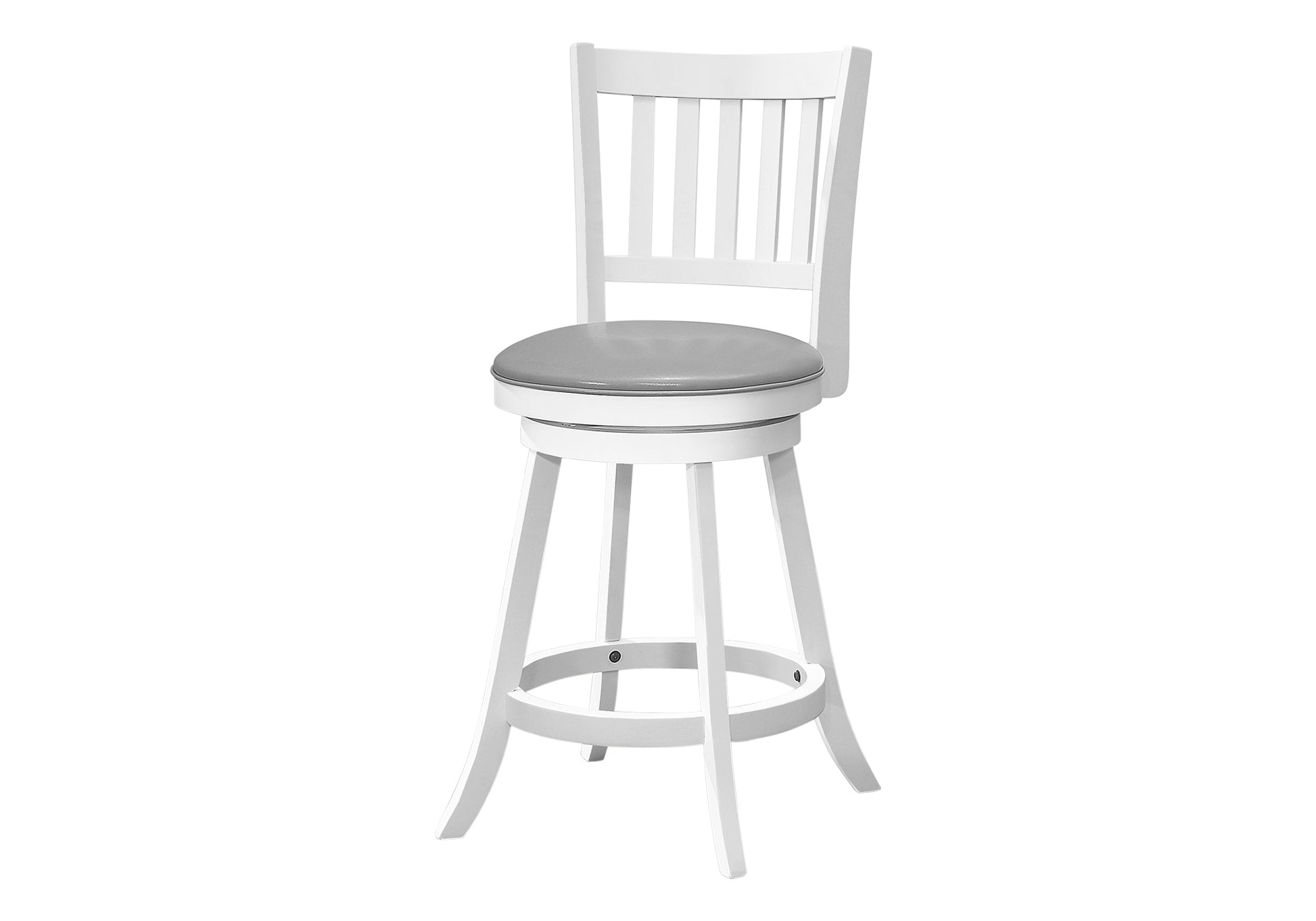 Bar Stool, Set Of 2, Swivel, Counter Height, Kitchen, White Wood, Grey Leather Look, Transitional White Foam Solid Wood