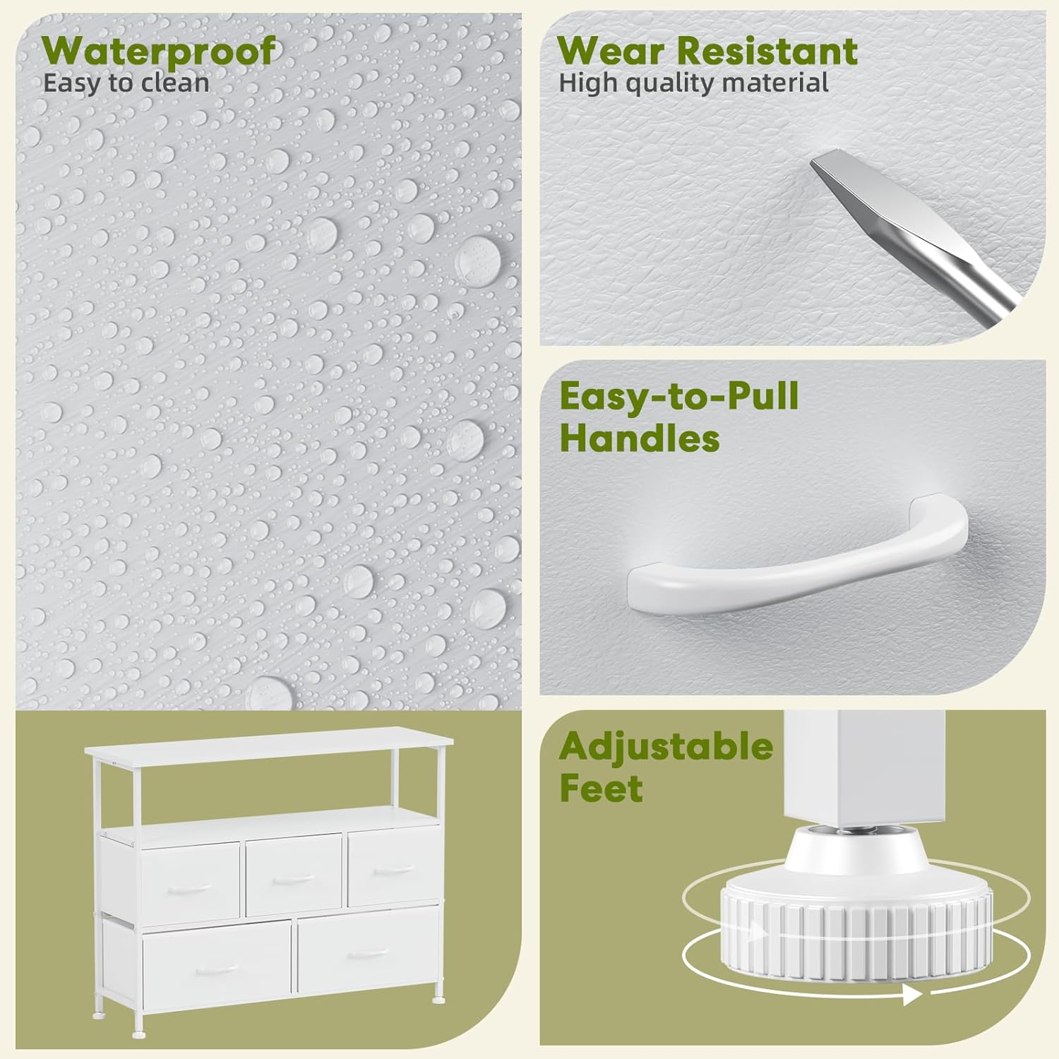 Tv Stand Dresser For Bedroom Entertainment Center With 5 Fabric Drawers, Storage Organizers Units For Living Room, Media Console Table With Open Shelf Up For 45" Tv, White, Wood Top White Wood