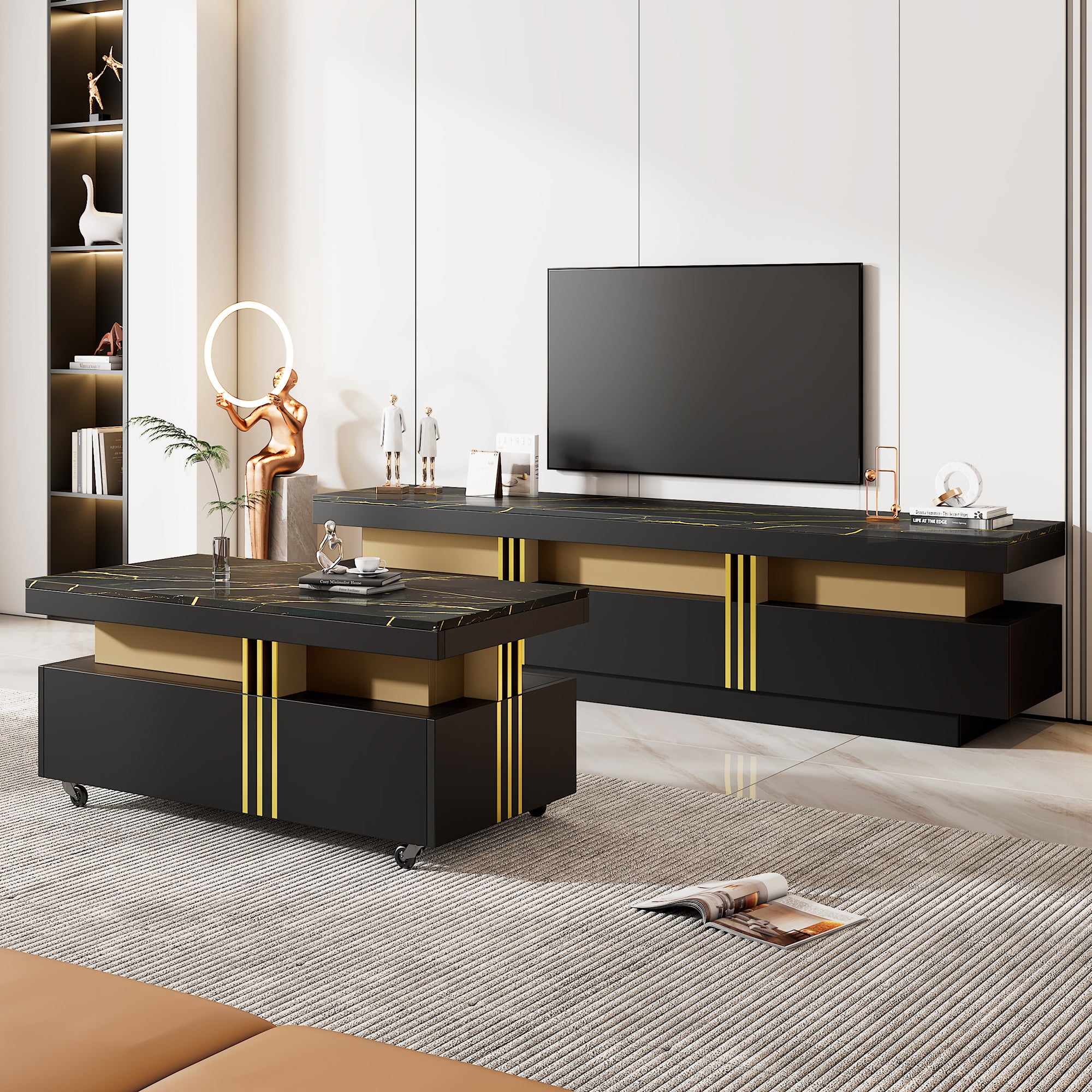 Modern Luxury Tv Stand And Coffee Table Set Of 2, High Gloss Faux Marble Top, Tv Stand For Tvs Up To 78'', Rectangle Coffee Table With Caster Wheels For Living Room, Black Black Gold 70 79 Inches Mdf