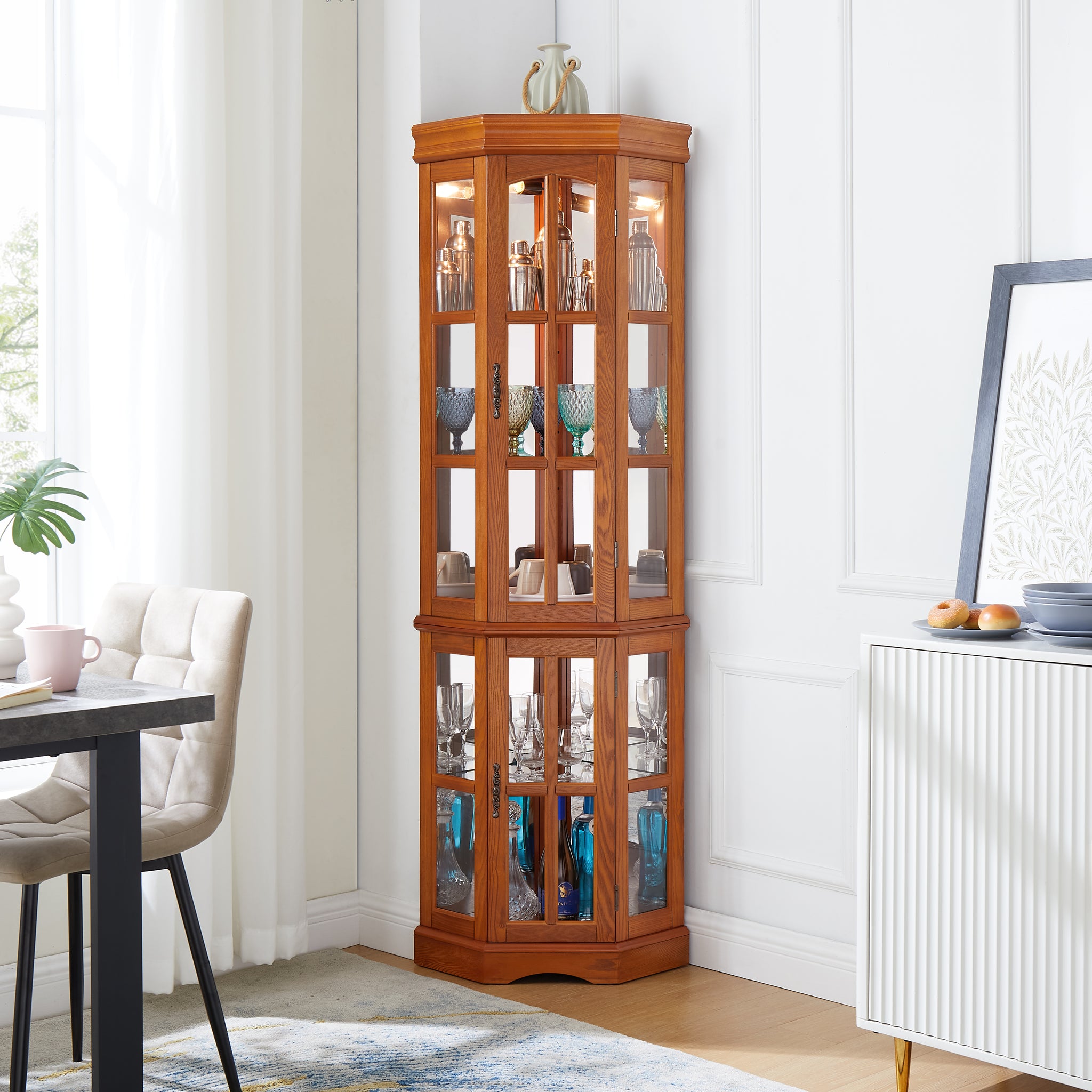 Corner Curio Cabinet With 5 Shelves And Lighting System, Oak E26 Light Bulb Not Included Oak Mdf