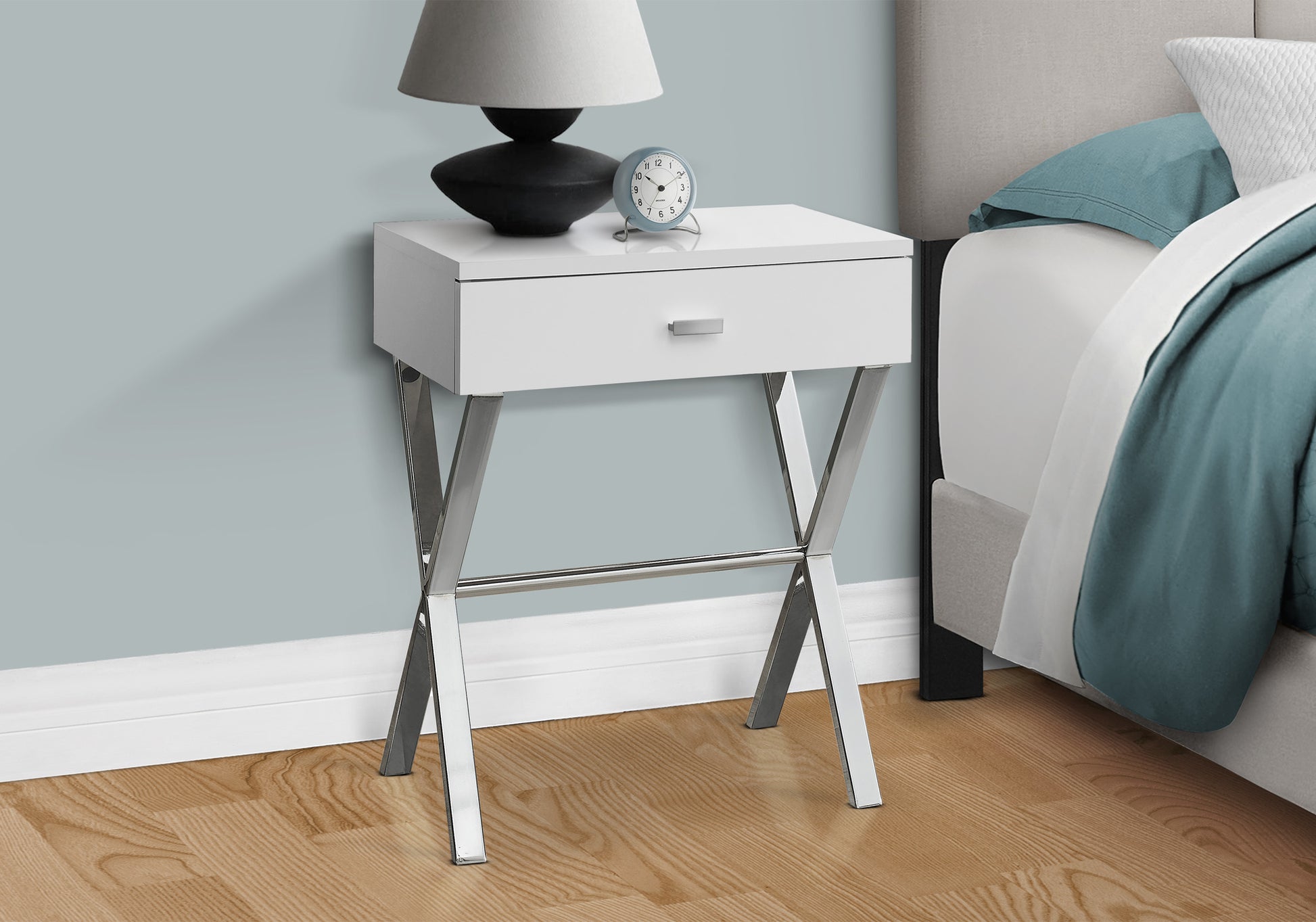 Accent Table, Side, End, Nightstand, Lamp, Storage Drawer, Living Room, Bedroom, Glossy White Laminate, Chrome Metal, Contemporary, Modern White Particle Board