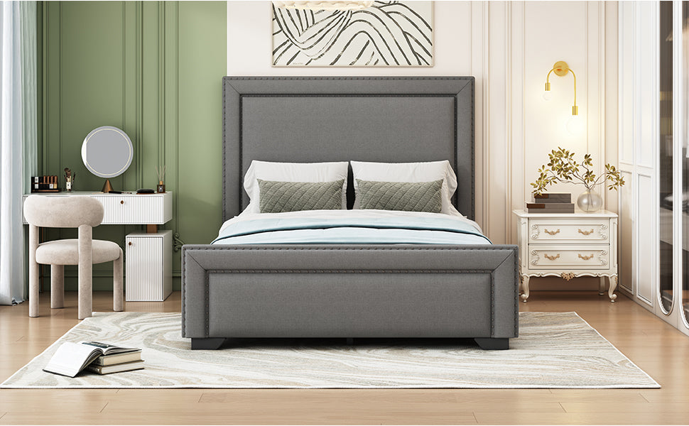 Queen Size Upholstered Bed ,Modern Upholstered Bed With Wooden Slats Support, No Box Spring Needed, Easy Assembly, Gray Box Spring Not Required Queen Gray Plywood