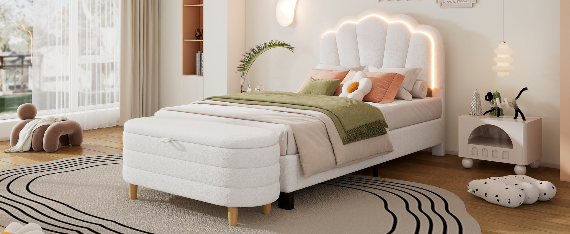 2 Pieces Bedroom Sets Twin Size Flower Shaped Upholstered Led Platform Bed With Storage Ottoman Sherpa Fabric, White Twin White 2 Piece Set Wood