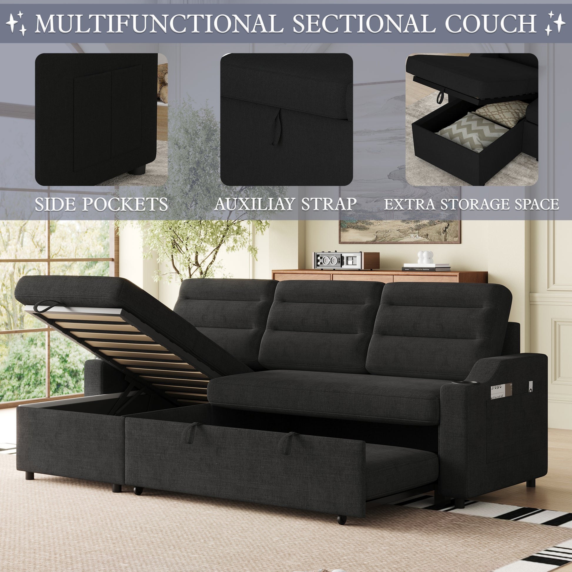 Mh83.5" Convertible Sleeper Combo Sofa, Convertible Sofa Bed Polyester Pullout Bed With Storage Recliner And Cup Holder For Living Room, Tight Spaces Black Polyester Wood Primary Living Space Pine Polyester Fabric 3 Seat