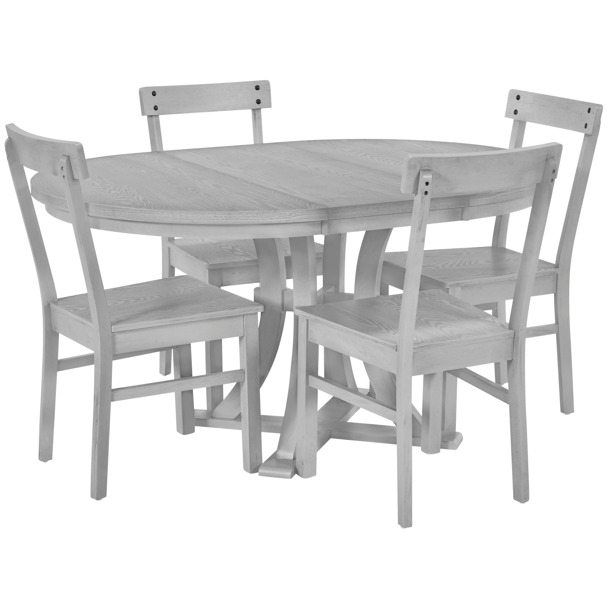 5 Piece Rustic Round Pedestal Extendable Dining Table Set With 15.7" Removable Leaf And Simple Dining Chirs For Small Places, Gray Gray Wood Dining Room Extendable Rubberwood Oval Dining Table With Chair Wood Wood Gray Seats 4 Removable Leaf Farmhouse