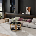 Modern Black Mirror Coffee Table, Asymmetrical Metal, Circular Metal Drum Base, Gold Finish & Lower Shelf Black Tempered Glass