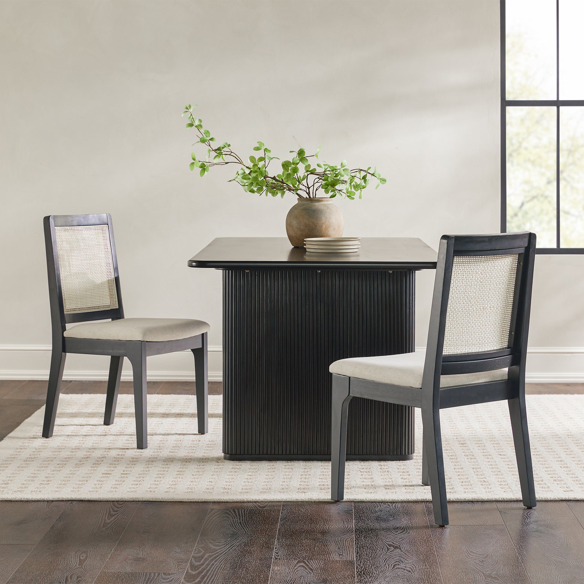 Modern Solid Wood Dining Chair With Rattan Inset Back, Set Of 2, Black Black Foam Wood