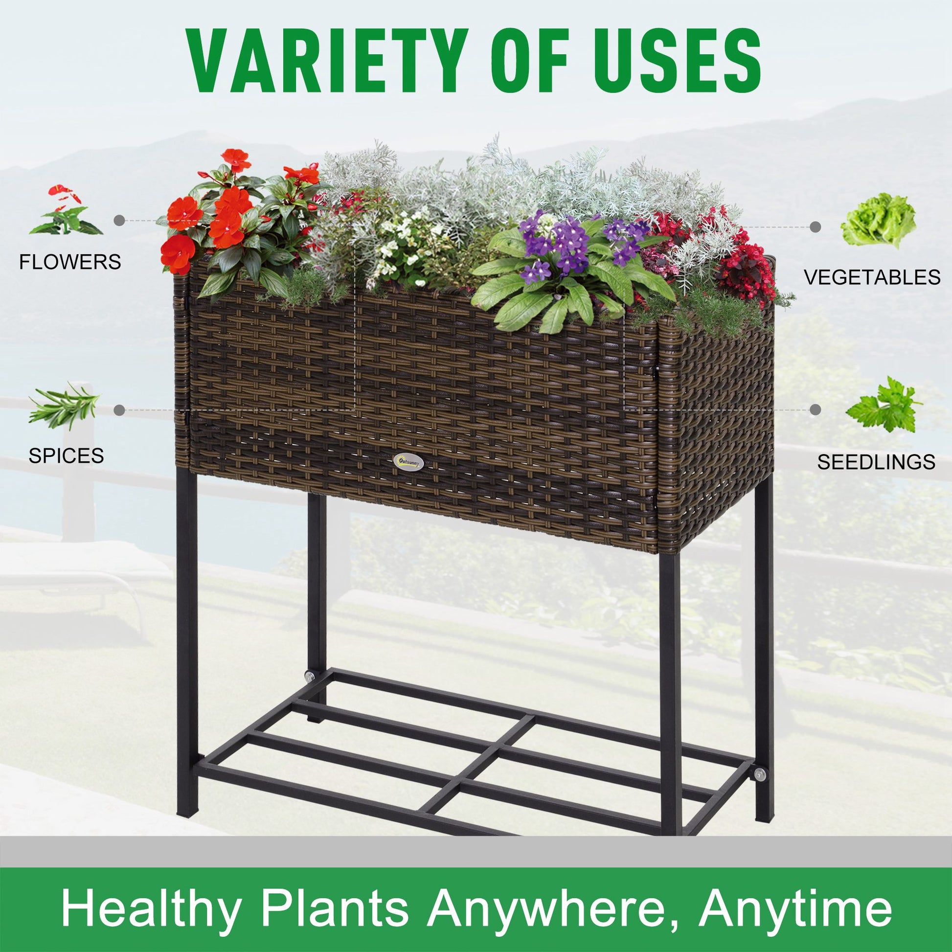 Outsunny Raised Garden Bed, Elevated Planter Box With Rattan Wicker Look, Tool Storage Shelf, Portable Design For Herbs, Vegetables, Flowers, Brown Brown Rattan