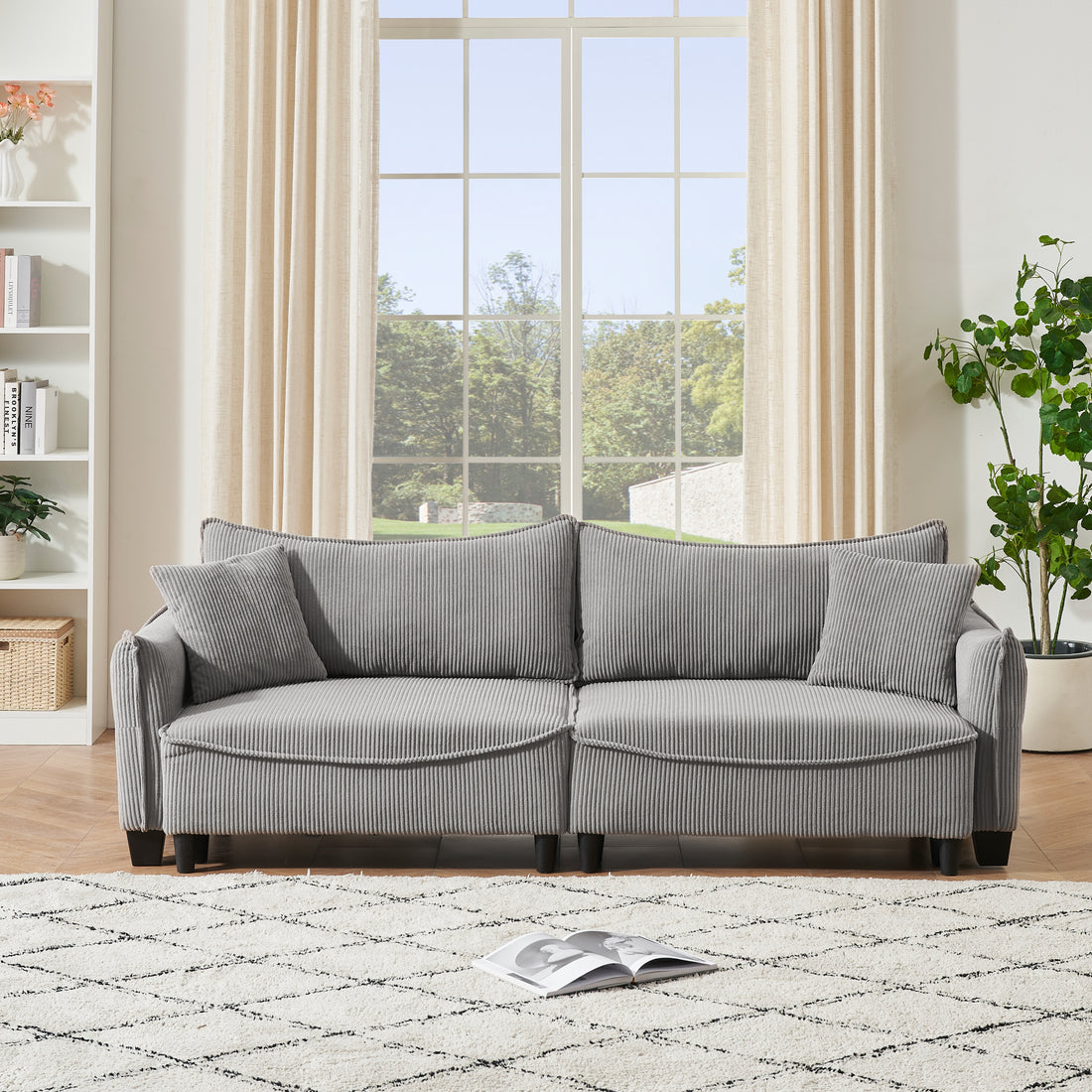 2345 Grey Corduroy Fabric, Sofa Can Be Converted Into A Sofa Bed With Two Throw Pillows, Suitable For Living Room And Other Scenes Gray Corduroy 3 Seat