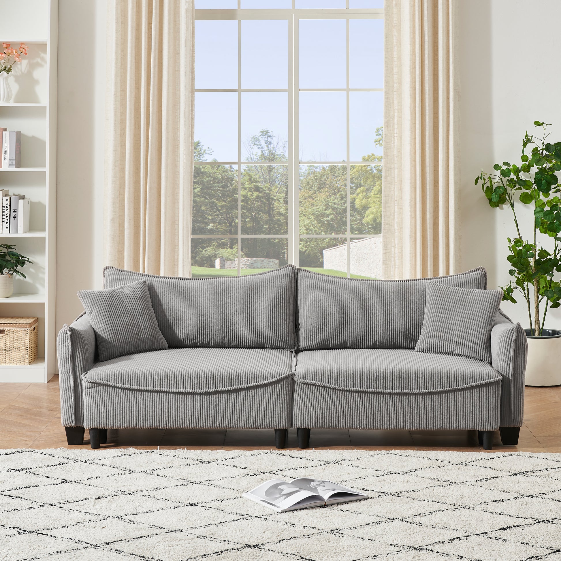 2345 Grey Corduroy Fabric, Sofa Can Be Converted Into A Sofa Bed With Two Throw Pillows, Suitable For Living Room And Other Scenes Gray Corduroy 3 Seat