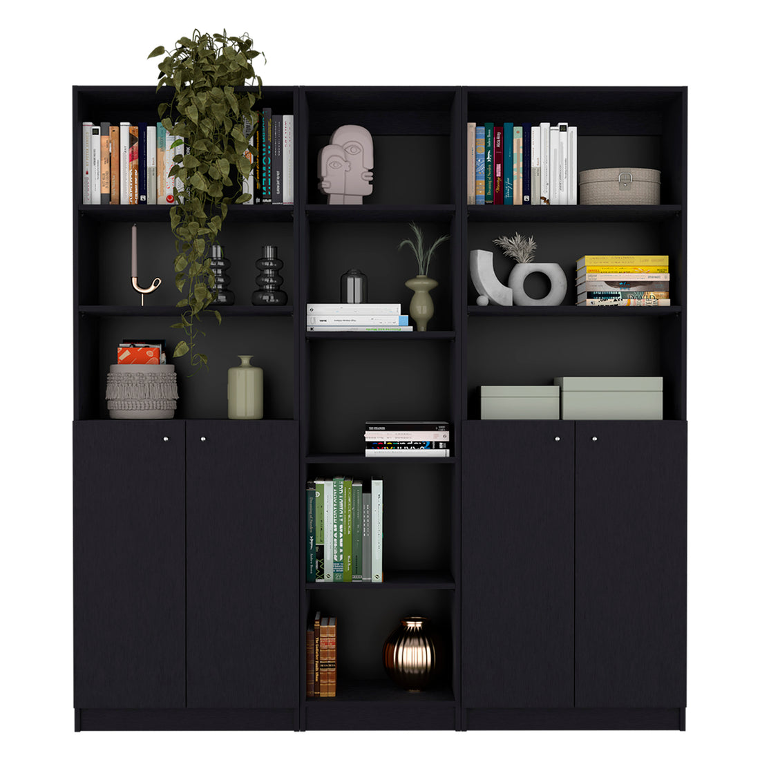 Acres 3 Piece Home Bookcase Set, 67" Wide With 11 Shelves And Two Double Door Cabinetliving Room Set Set Black Freestanding 5 Or More Shelves Black Office Open Storage Space Modern Particle Board