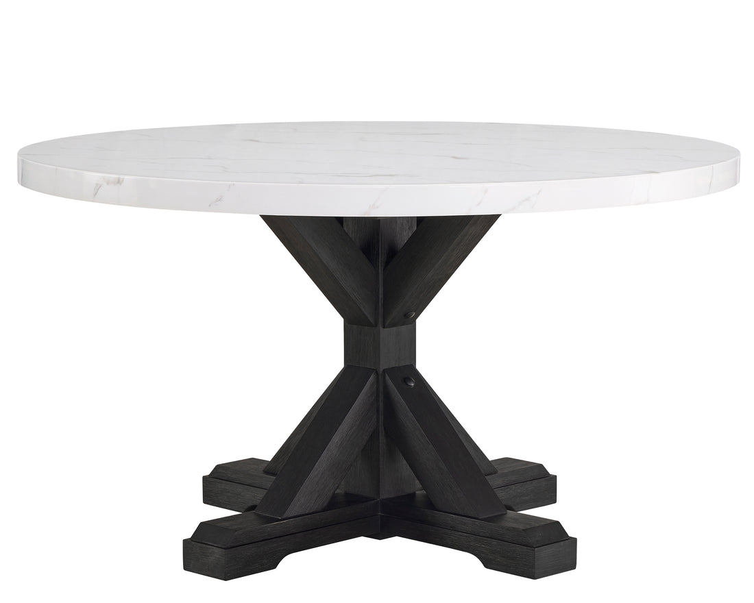 1Pc Transitional Modern Formal Dining Table White Round Faux Marble Table Top Black Finish Legs Wooden Dining Room Furniture White Seats 4 Dining Room Contemporary,Farmhouse,Transitional Round Artificial Marble