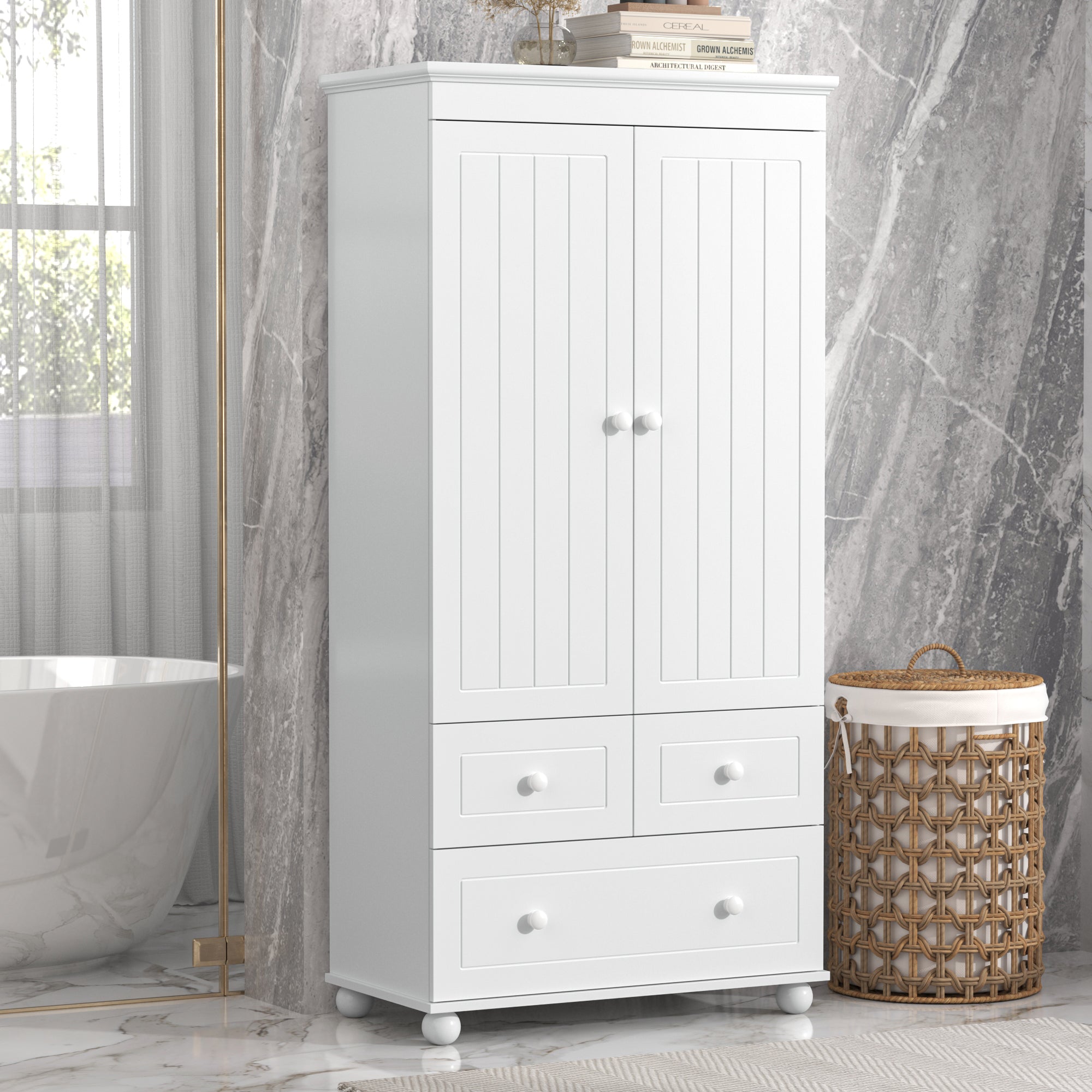 Tall Storage Cabinet With Three Drawers For Bathroom Office, White White Mdf