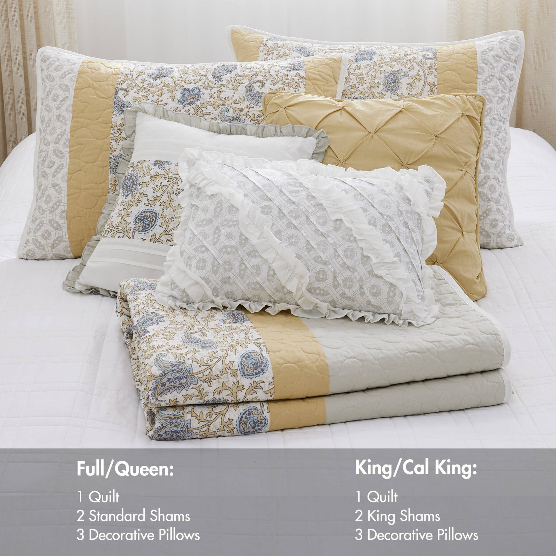 6 Piece Cotton Percale Quilt Set With Throw Pillows Yellow King Cal King King Yellow Polyester