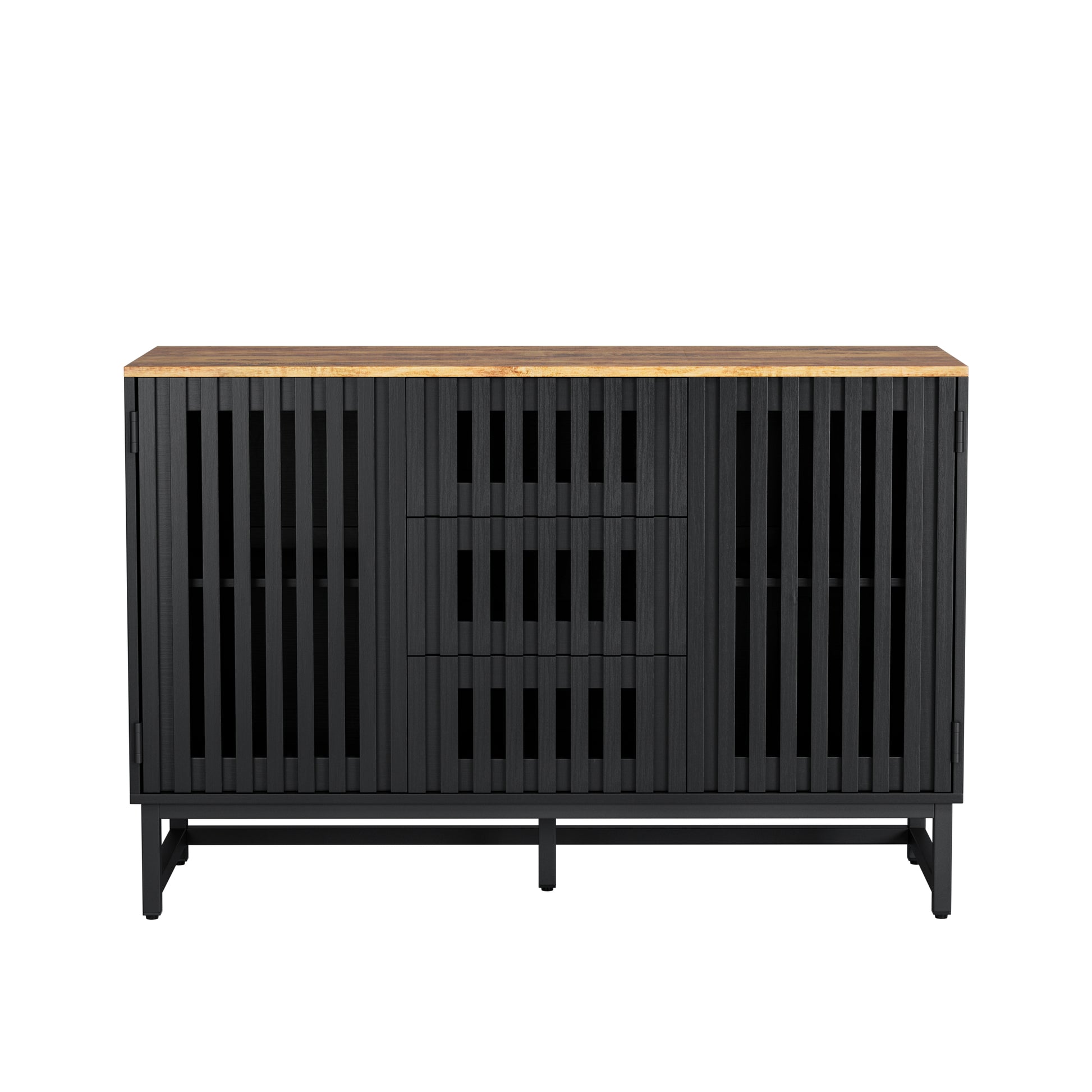 3 Drawer And 4 Shelves Dresser With Slatted Grille Striped Drawer And Doors, Modern Style Dresser, High Quality Mdf And Metal Leg Black Brown Mdf