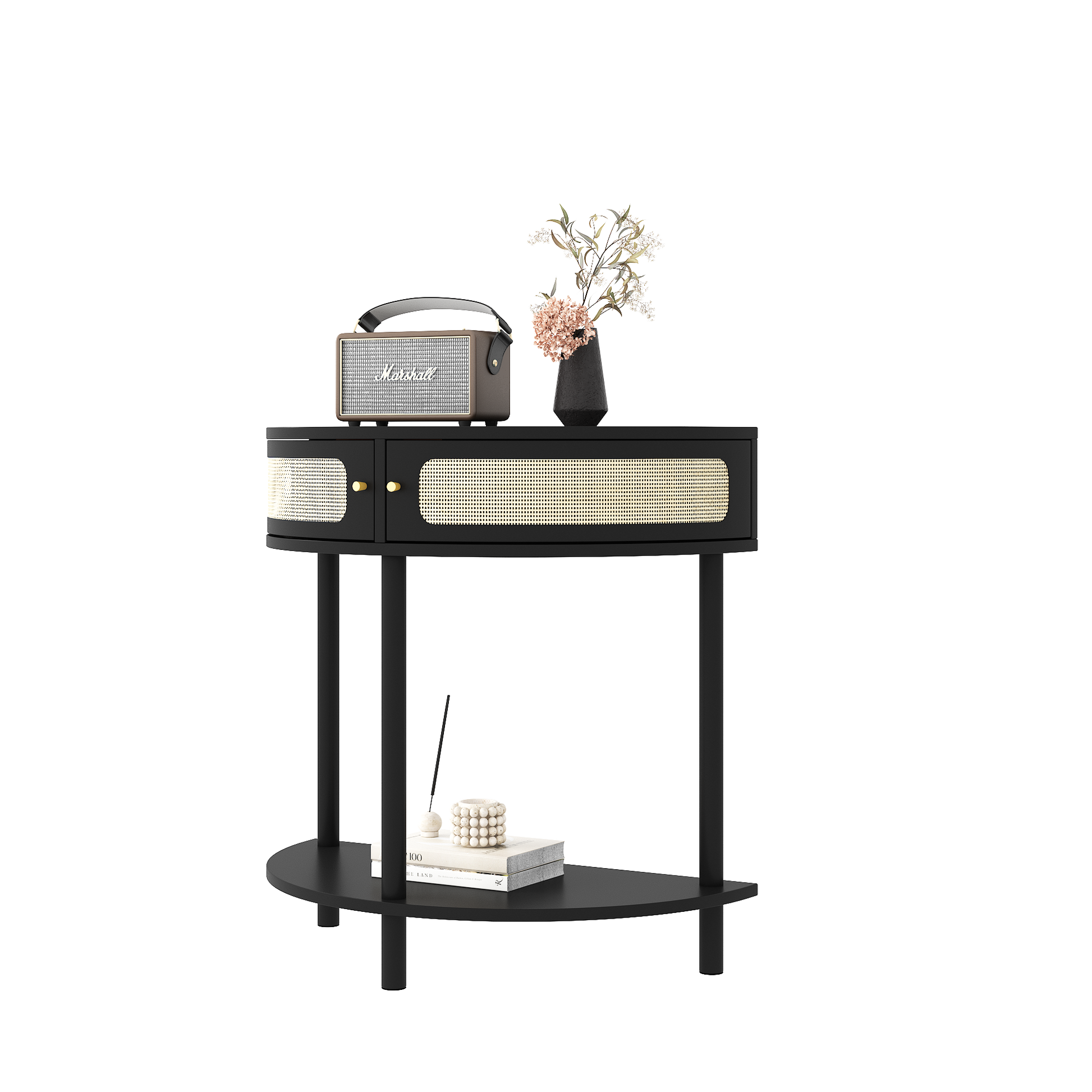 Unique Half Moon Design End Table With Rattan Door,Elegant Semicircle Sofa Side Table With 2 Rattan Storage Cabinet And Bottom Shelf For Living Room, Bedroom Black Primary Living Space Boho Freestanding Semicircular Drawers Coffee & End Tables Polished