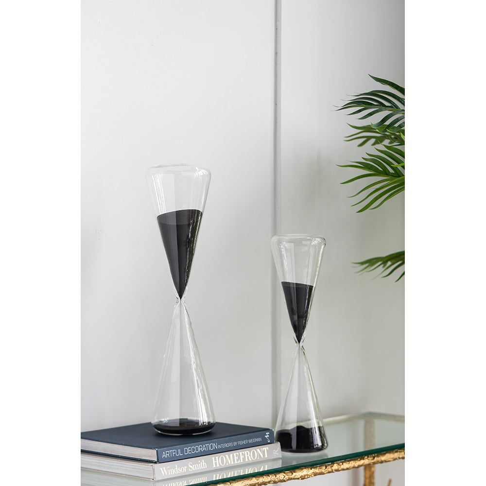 4.5X4.5X19.5" Triangular Shape Hourglass, 120 Minutes, Black Sand Black Glass