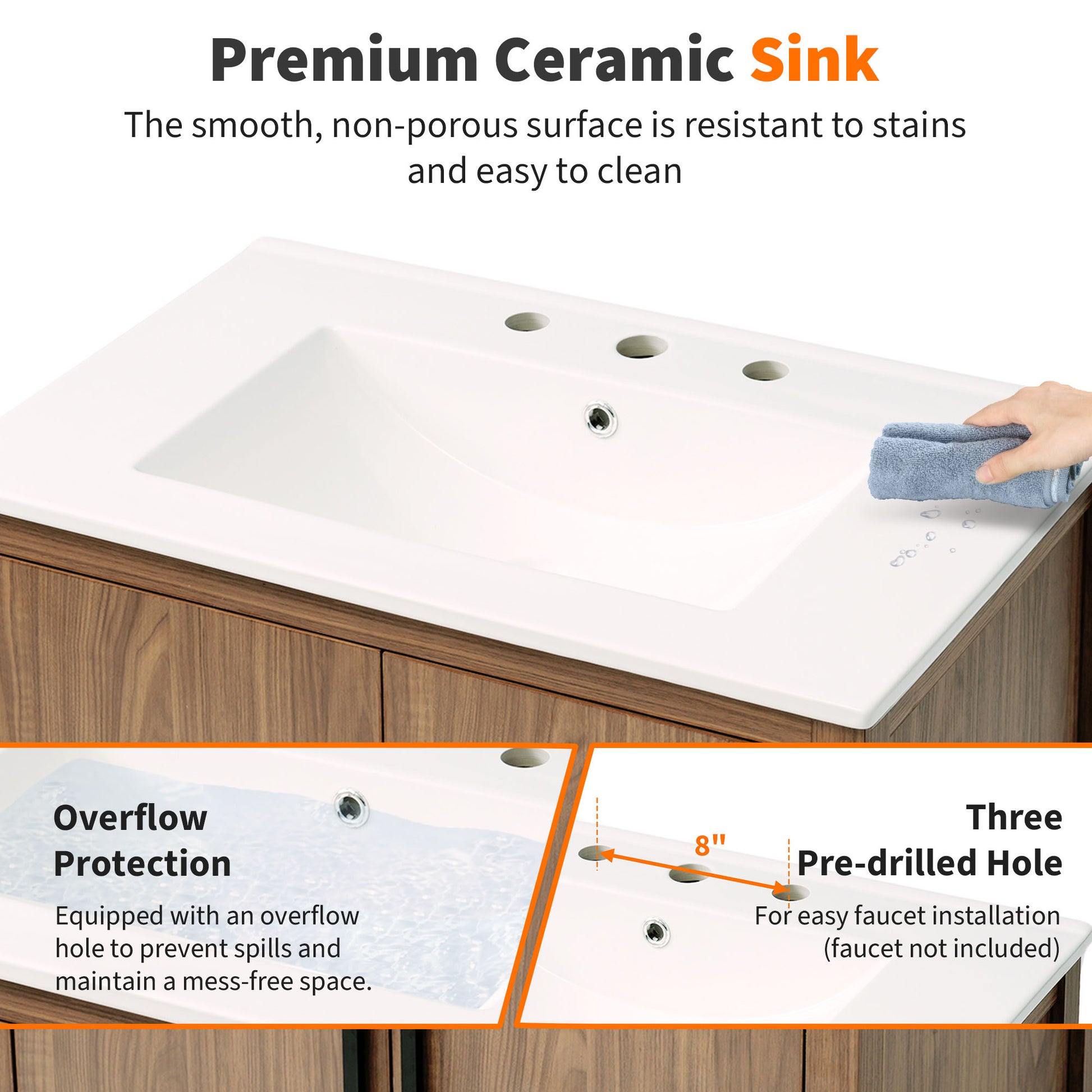 30" Wood Color Bathroom Vanity With Single Sink, Combination Under Counter Sink, Bathroom Storage Cabinet With Soft Closing Door, Multi Function Storage, Solid Wood Frame Wood Bathroom Solid Wood Mdf