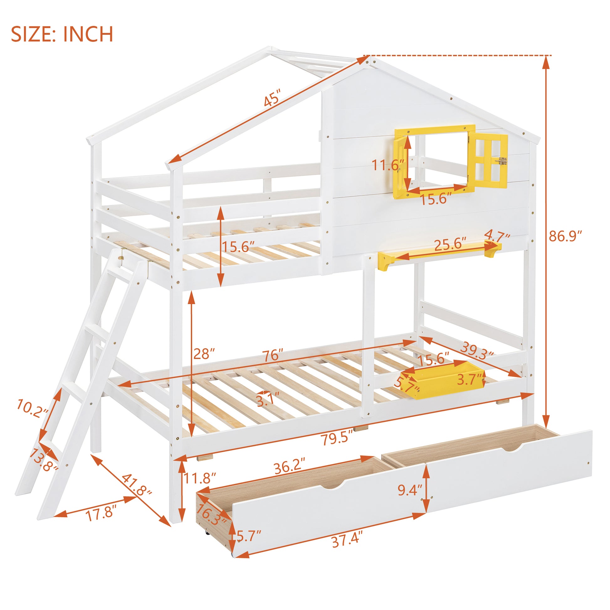 Twin Over Twin Bunk Bed With 2 Drawers, 1 Storage Box, 1 Shelf, Window And Roof White Old Sku:Lt001608Aak Twin White Solid Wood
