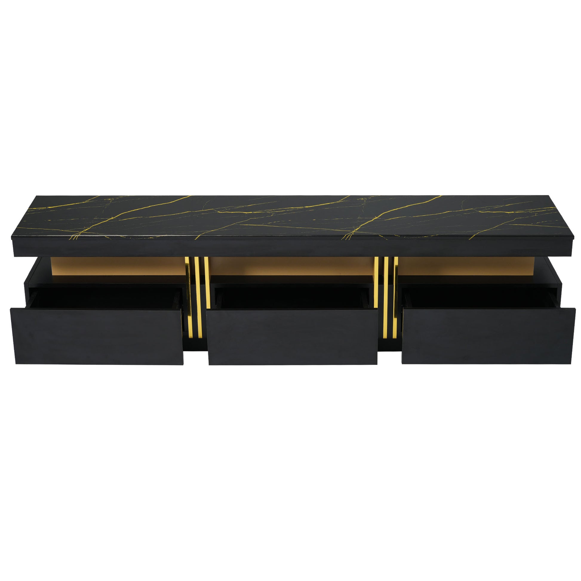 Luxury Tv Stand With High Gloss Faux Marble Top For Tvs Up To 78'', Rectangle Media Console With Golden Panel Design, Practical Entertainment Center With 3 Drawers For Living Room, Black Black Gold 70 79 Inches 70 79 Inches Mdf