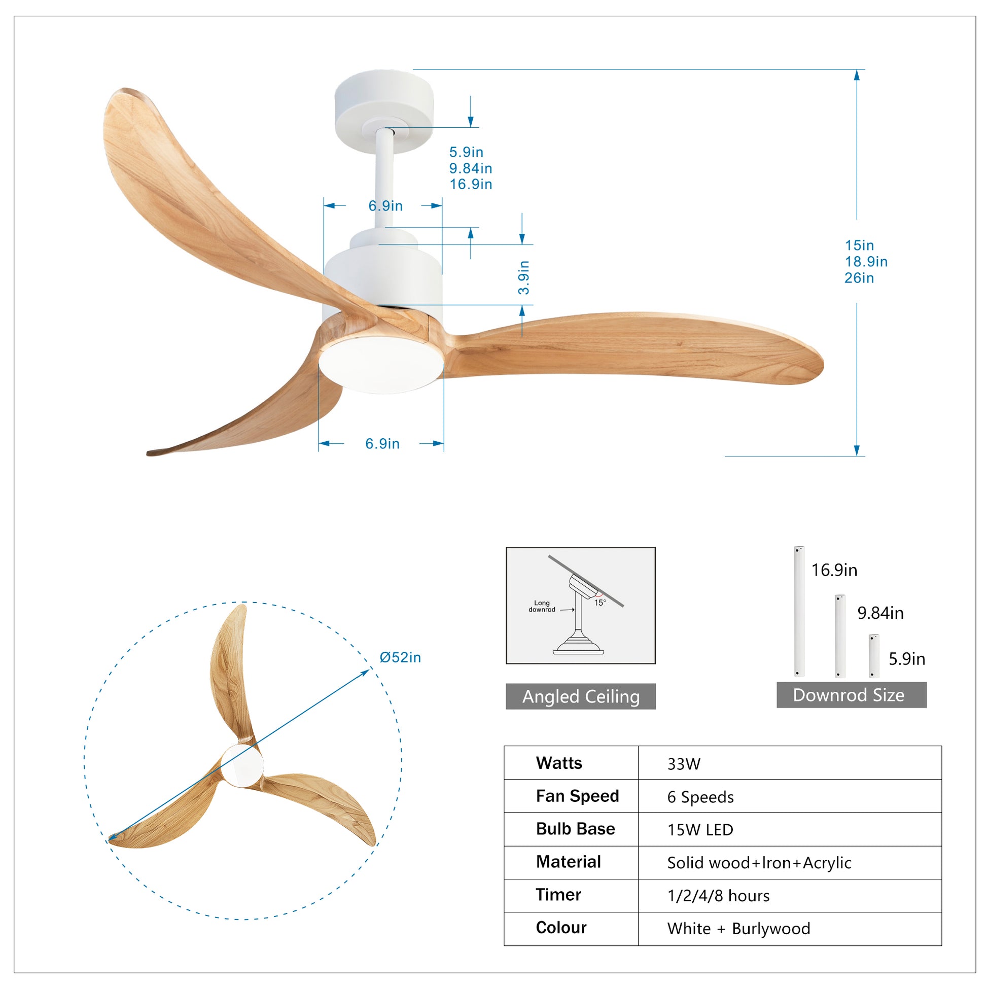 52" Ceiling Fan With Dimmable Led Light Remote Control,Quiet Dc Motor 6 Speed Levels,Adjust Height 3 Pcs Rod Reversible Ceiling Fan, For Patio Living Room, Bedroom, Office,Indoor. White Natural White Farmhouse,Industrial Iron Wood