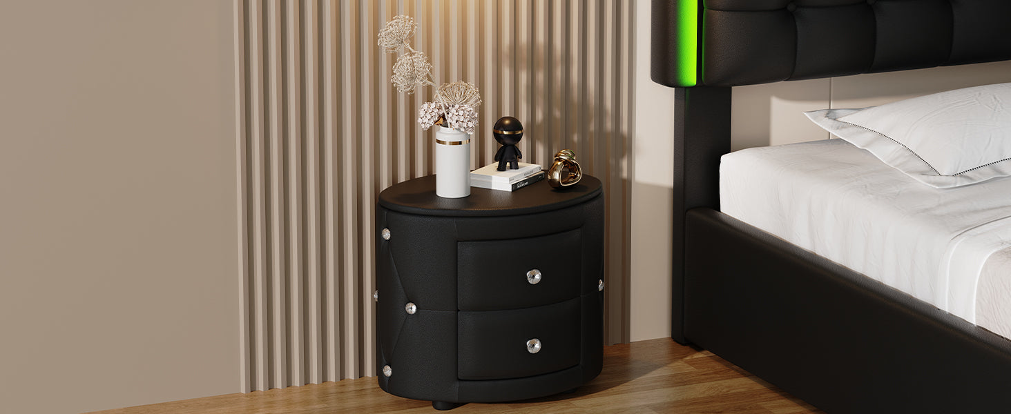 Elegant Pu Nightstand With 2 Drawers And Crystal Handle,Fully Assembled Except Legs&Handles,Storage Bedside Table Black Black Pu